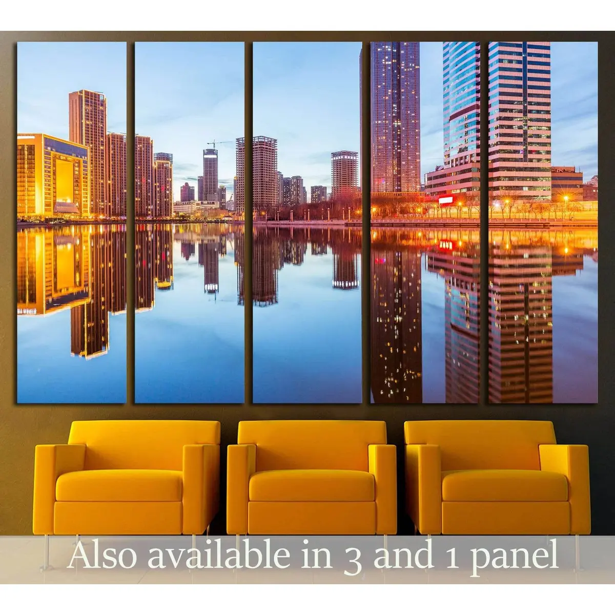 Contemporary Tianjin Cityscape Canvas Print – Riverfront Modern Buildings Against Sky