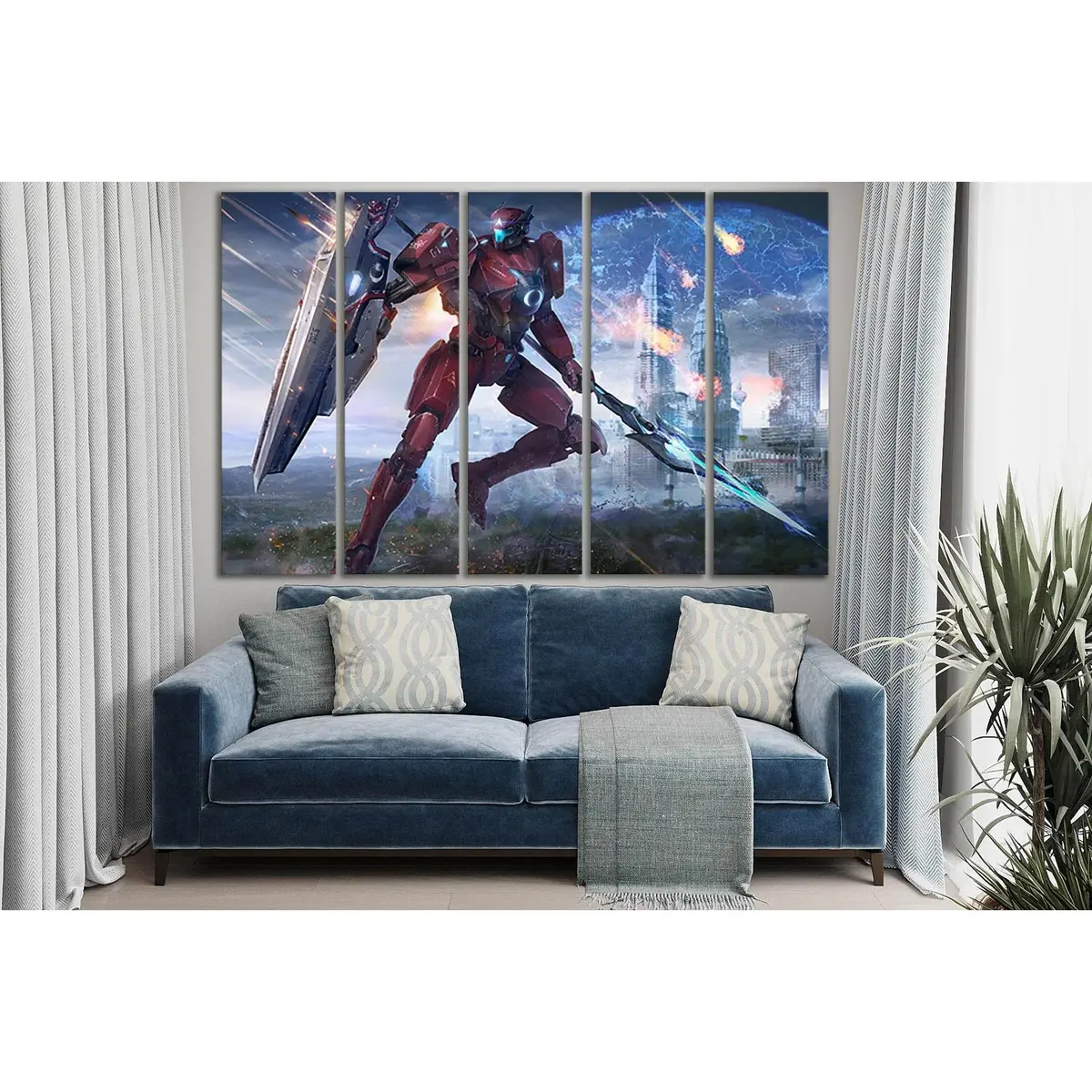 Futuristic Robot Warrior Canvas Art Featuring Sword and Shield – Ready-to-Hang Wall Decor