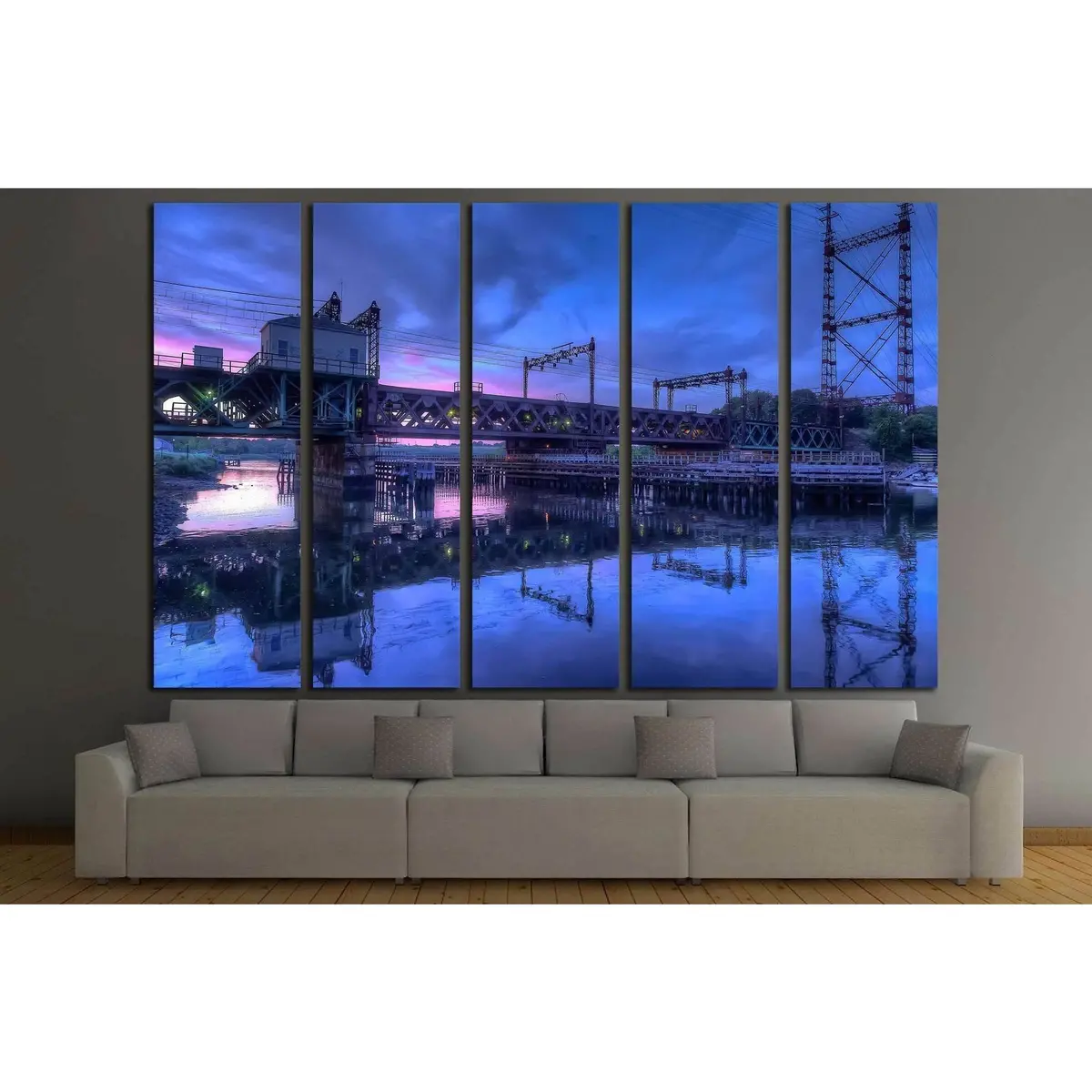Rustic Railway Bridge Over Harbor at Pink Sunset – Ready-to-Hang Canvas Wall Art #2062 - Image 3