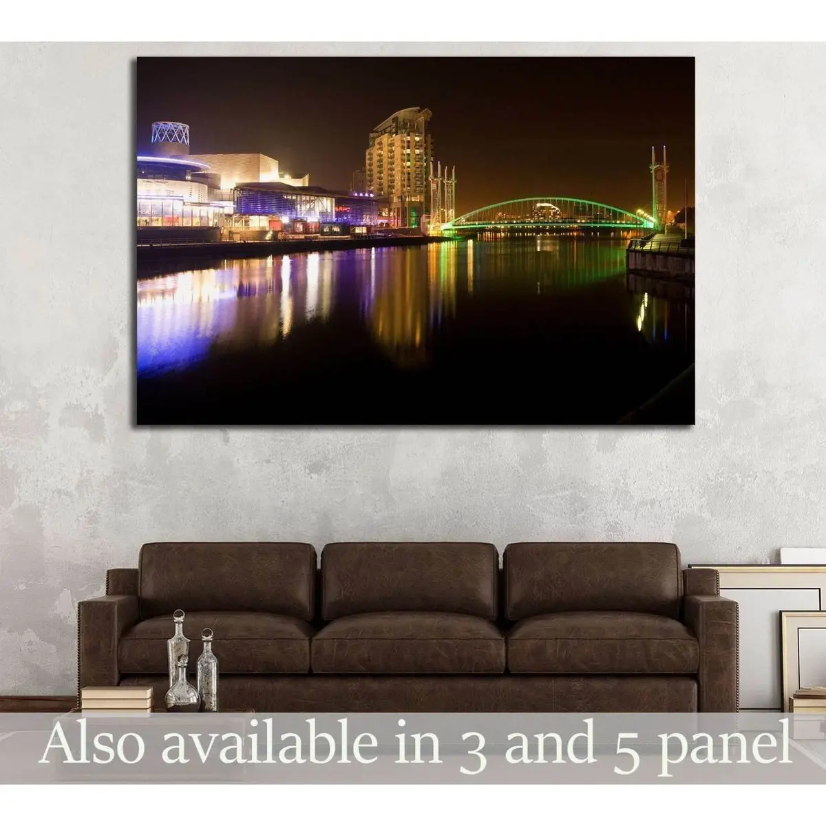 Salford Quays And Mediacity At Night, Millennium Lift Bridge, Manchester City, United Kingdom №2094 Ready To Hang Canvas Print 1