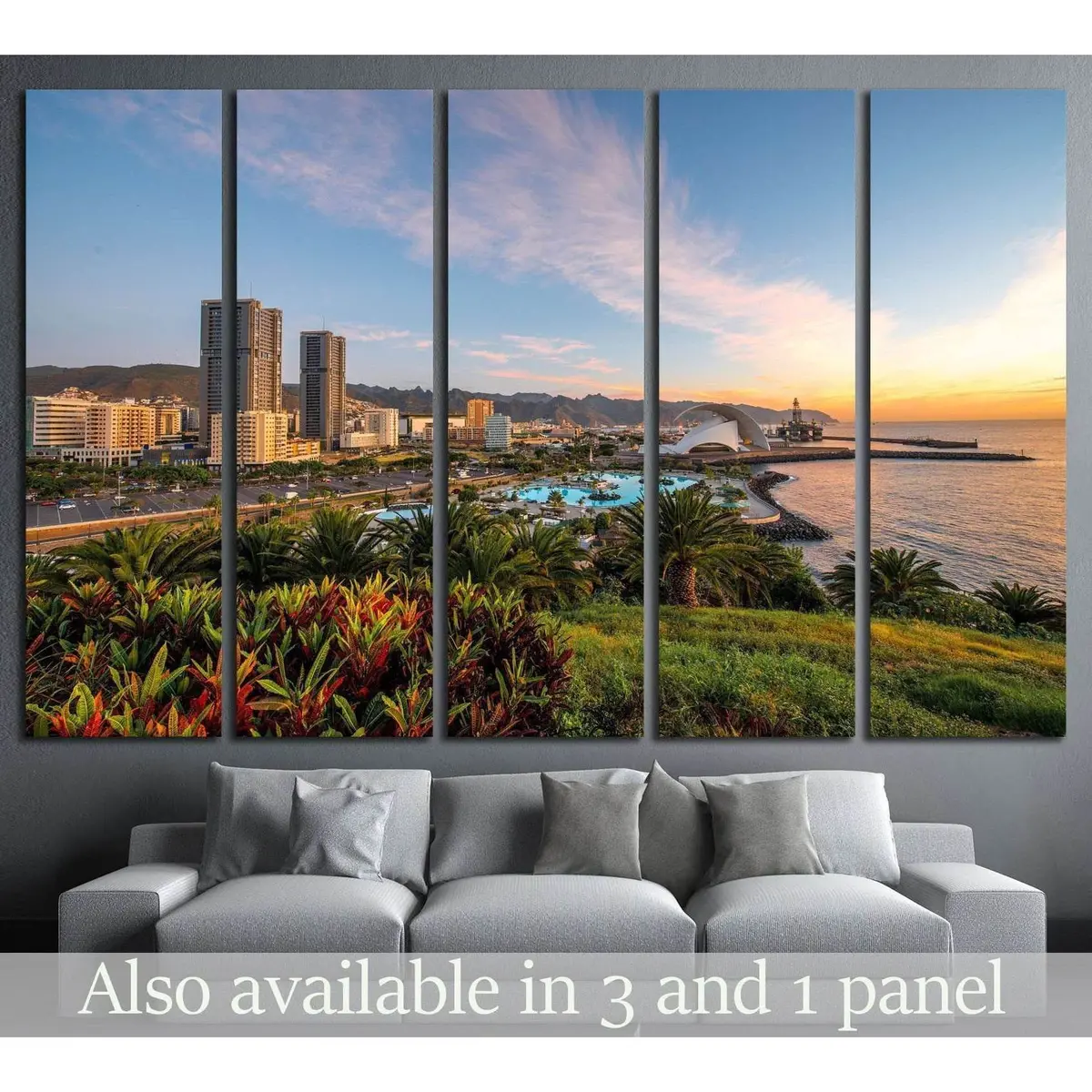 Sunrise cityscape of Santa Cruz de Tenerife featuring residential and office buildings, a lush park, and volcanic mountains — premium ready-to-hang canvas print