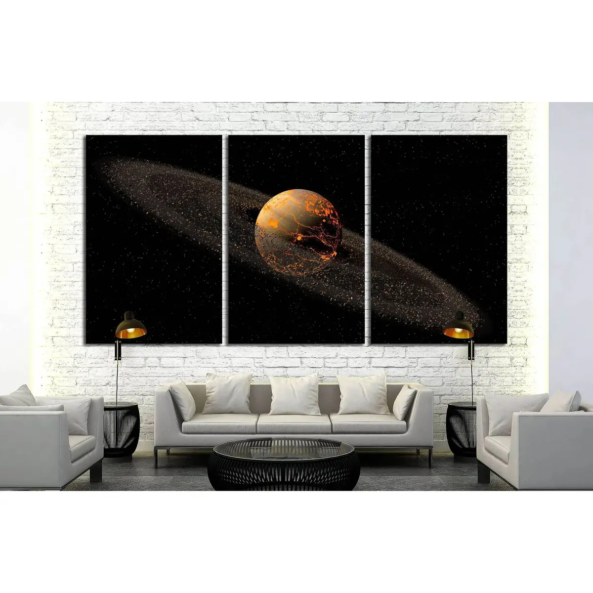 Saturn Like Planet With Asteroid Rings And Hot Lava Cracks For A Space Illustration №2459 Ready To Hang Canvas Print 5
