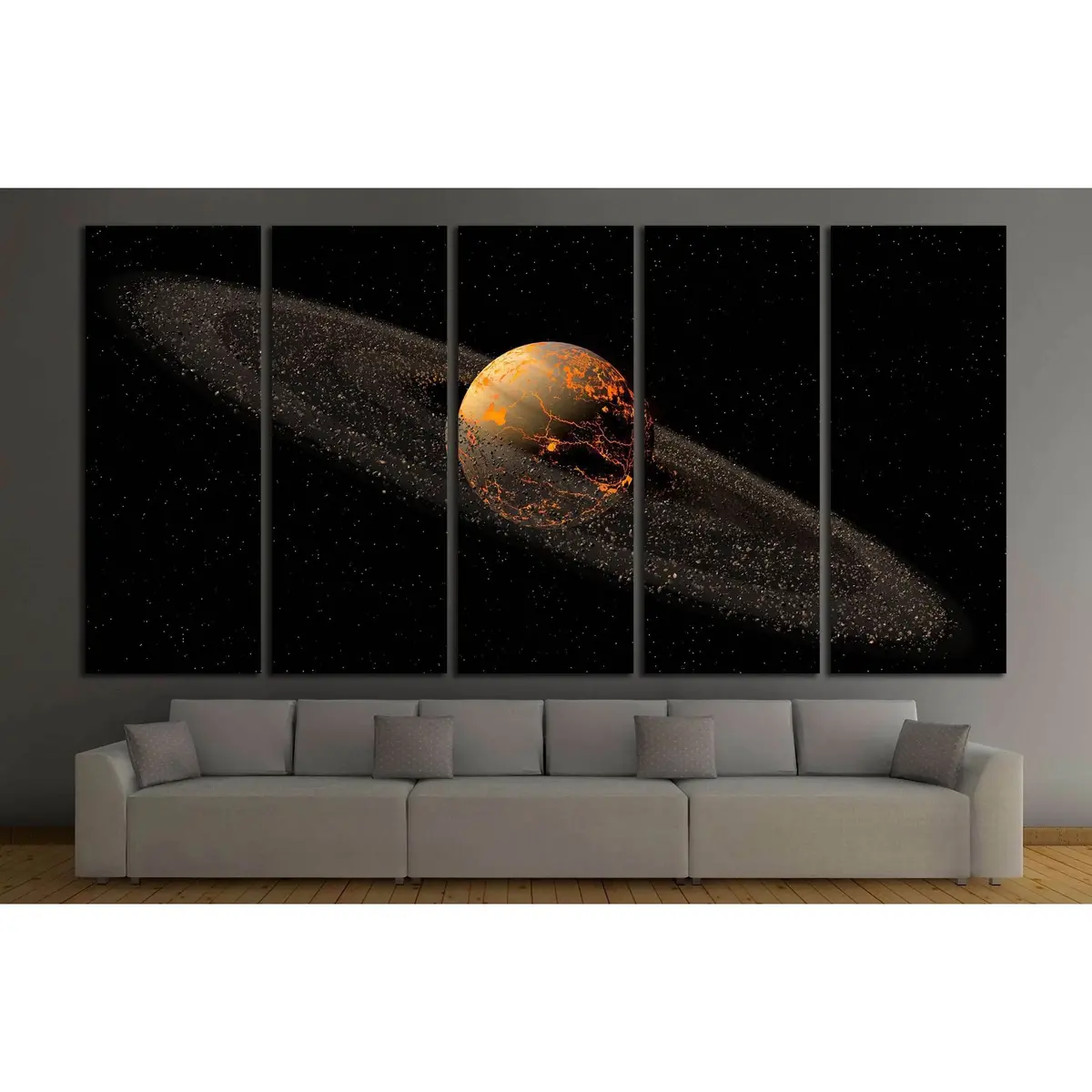 Cosmic Saturn-Style Planet Art Featuring Asteroid Rings and Luminous Lava Cracks – Ready-to-Hang Canvas Print - Image 3