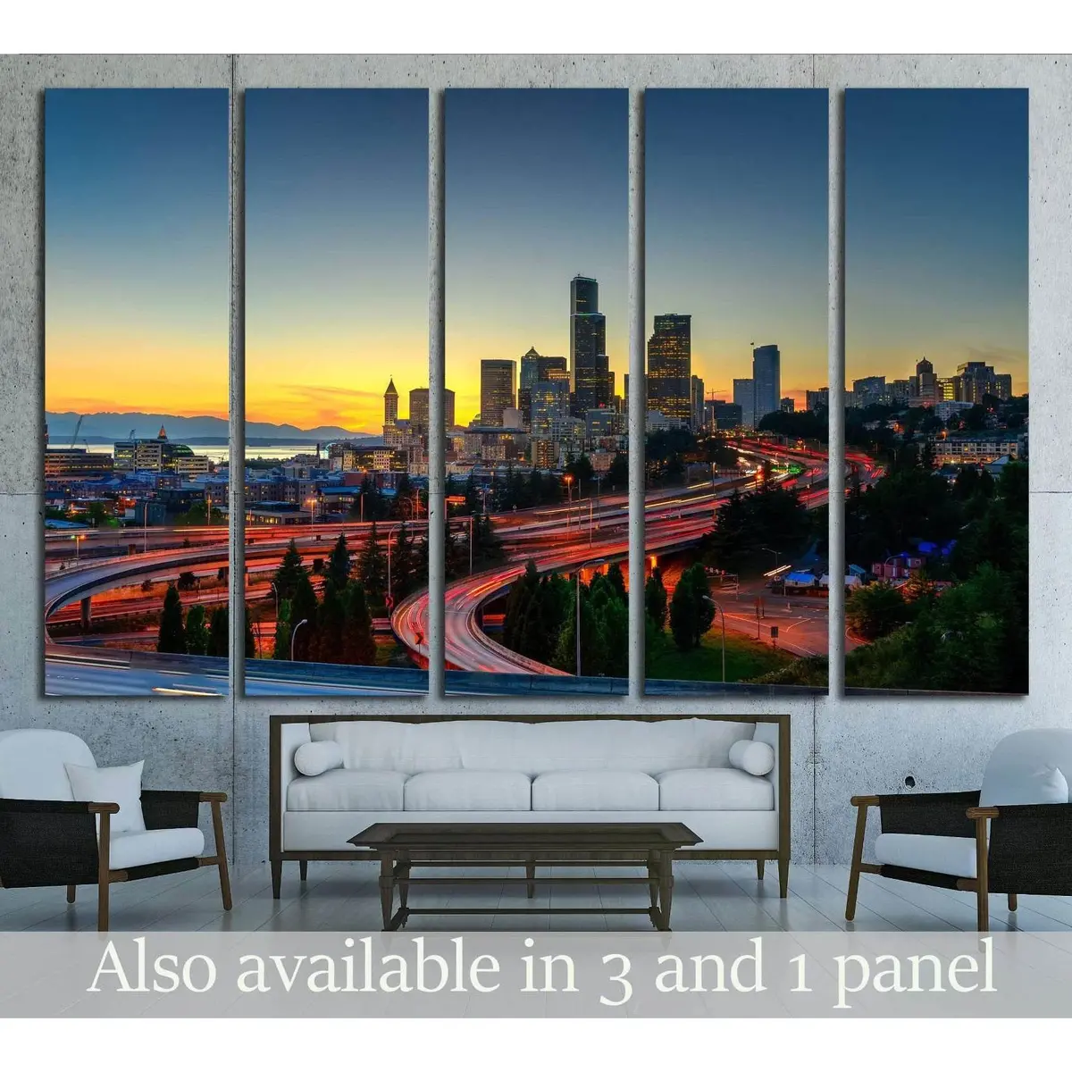 Sunset View of Seattle Skyline and Moving Highway Traffic from Rizal Park — Ready-to-Hang Canvas Print