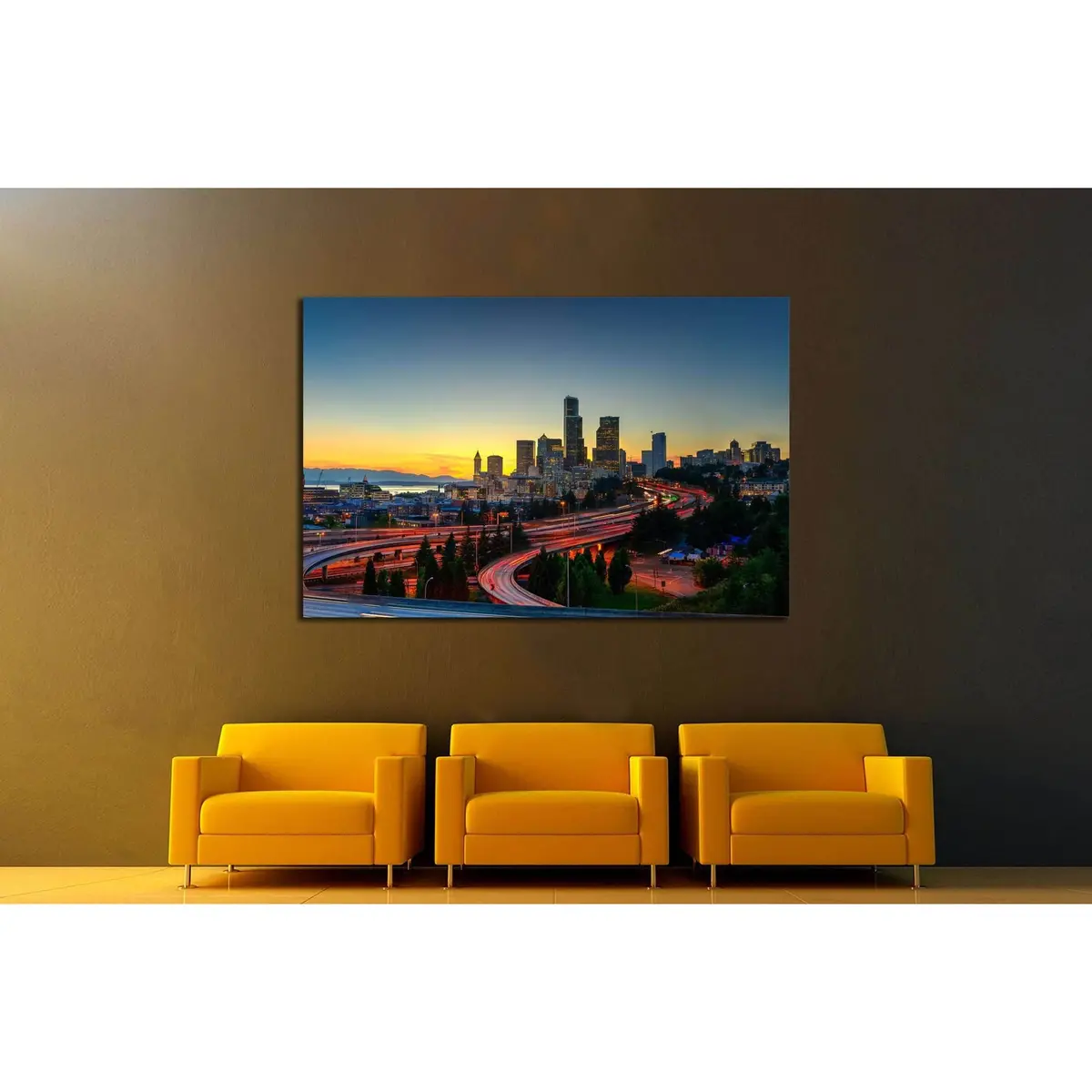 Seattle Skylines And Highway Traffic Motion In The Sunset. The View From Rizal Park In Seattle, Washington, Us №2180 Ready To Hang Canvas Print 3