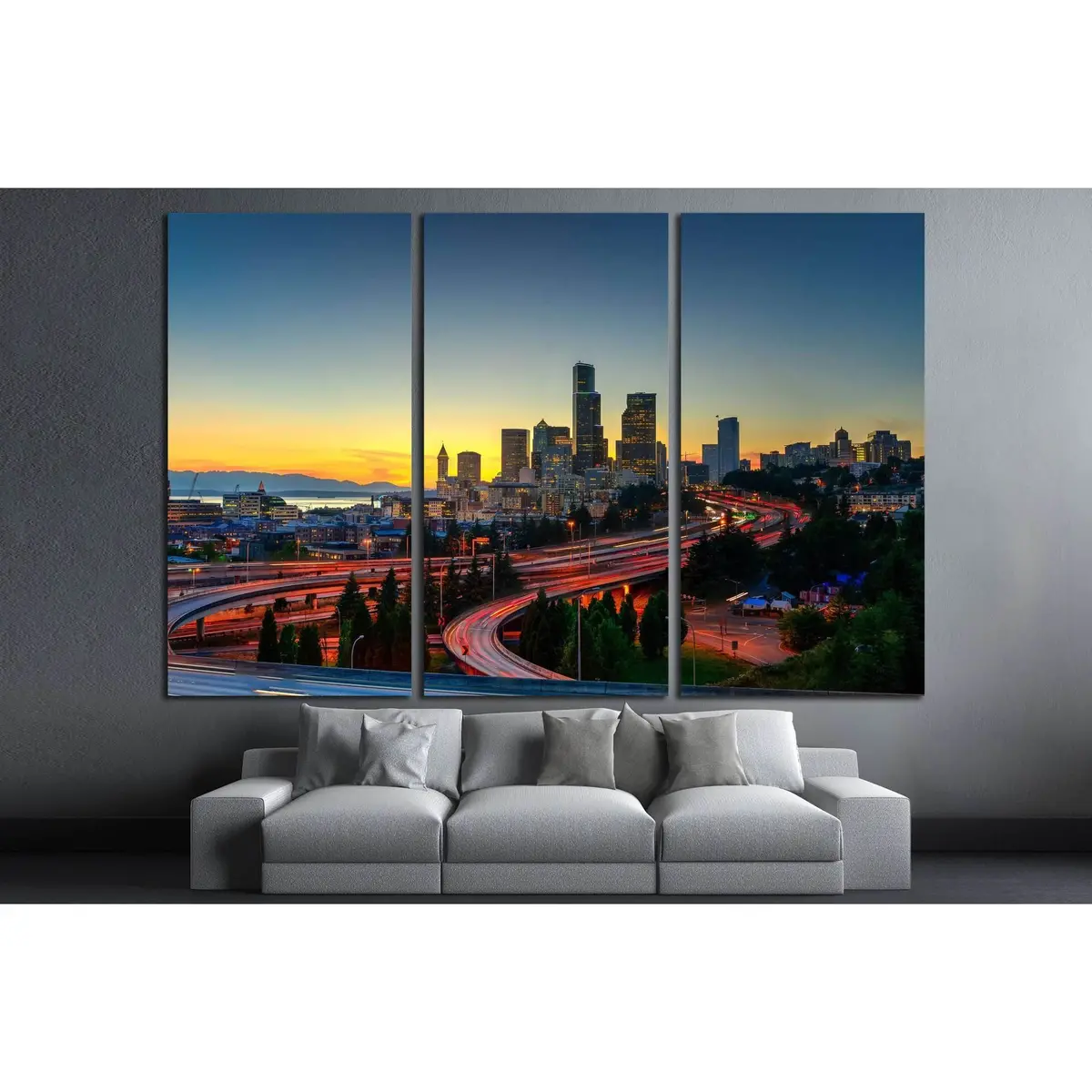 Seattle Skylines And Highway Traffic Motion In The Sunset. The View From Rizal Park In Seattle, Washington, Us №2180 Ready To Hang Canvas Print 5