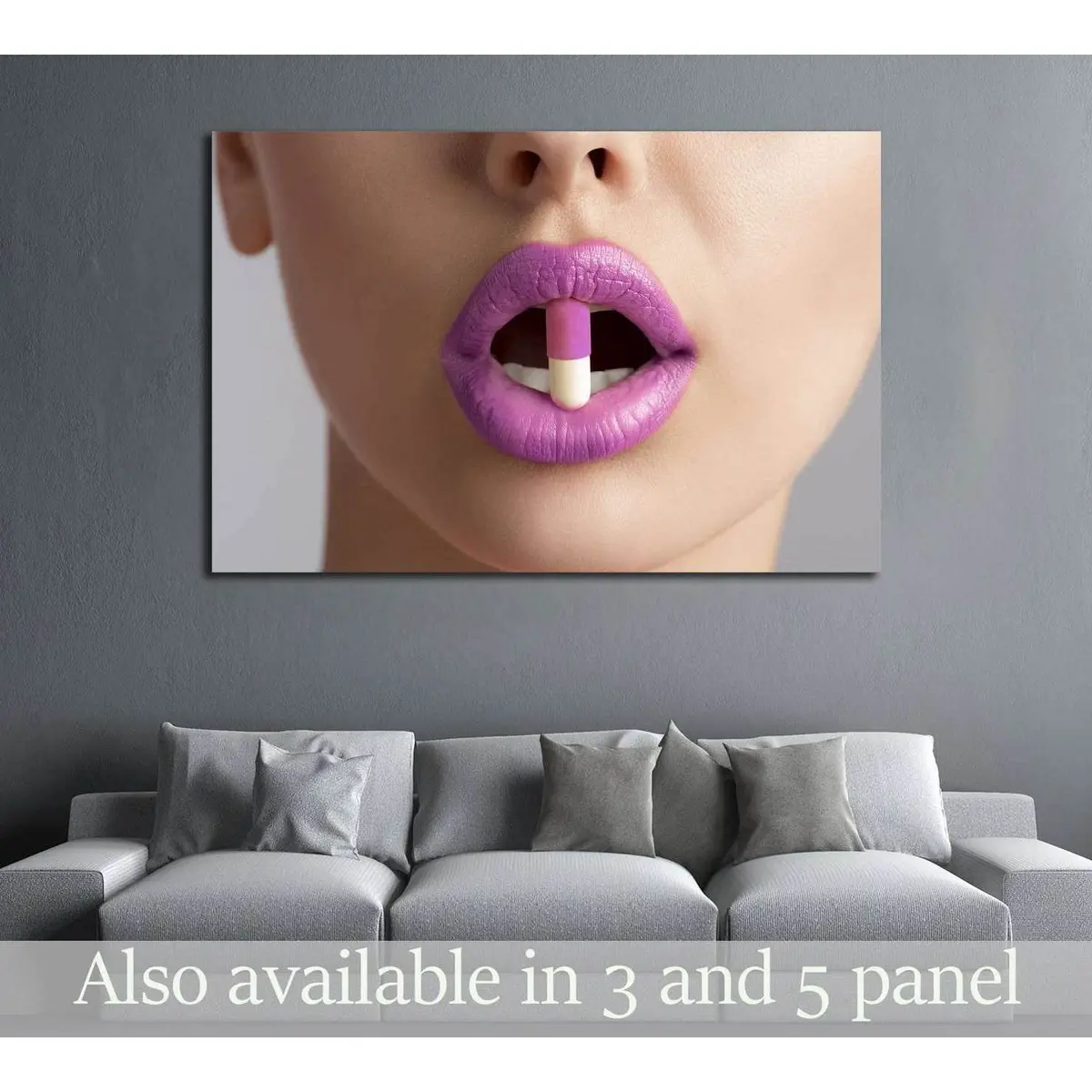 Sensual Female Mouth In Close-Up Portrait With Coloured Pill Between Lips №2773 Ready To Hang Canvas Print 1