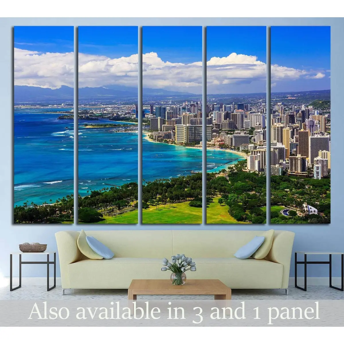 Skyline Of Honolulu, Hawaii And Buildings On Waikiki Beach №1716 Ready To Hang Canvas Print 1