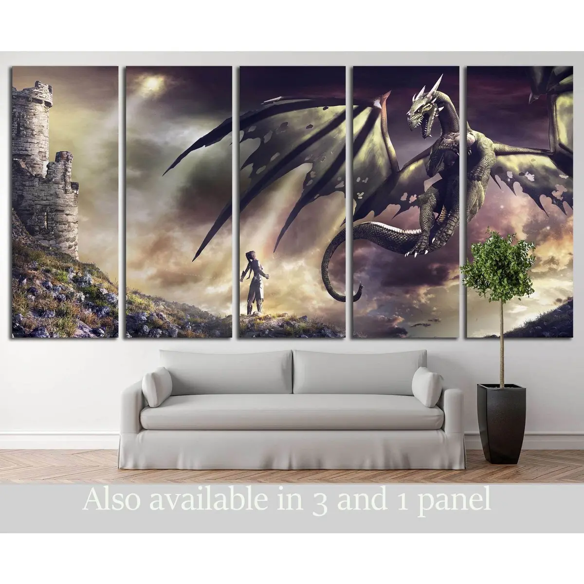 Fantasy Sorceress Versus Emerald Dragon Canvas Wall Art №711