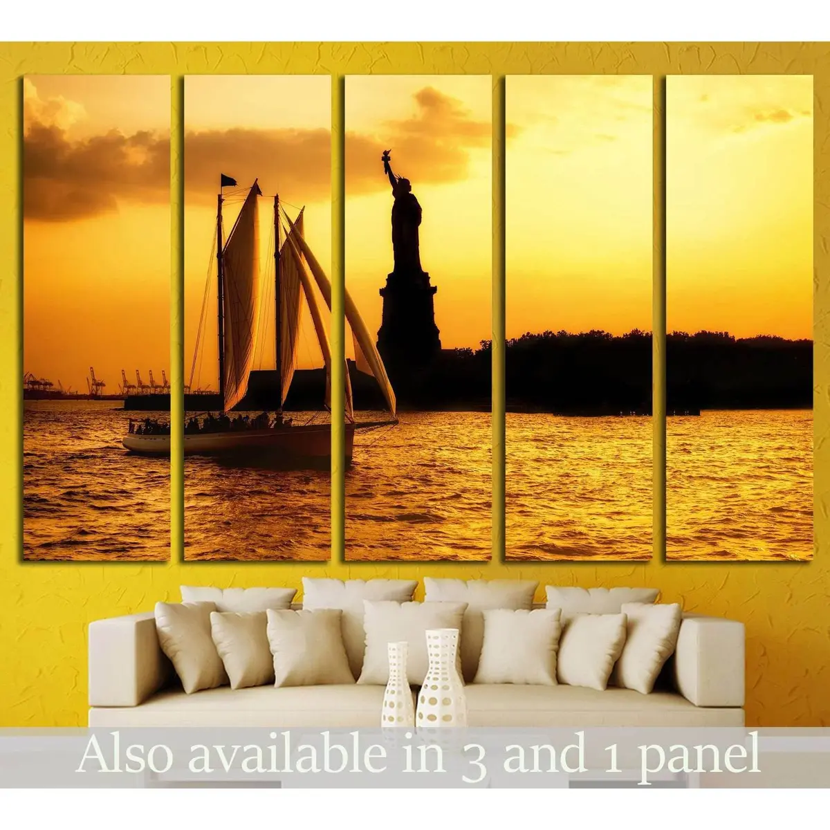 Statue of Liberty with Sailboat Canvas Wall Art – Ready-to-Hang Print #1291