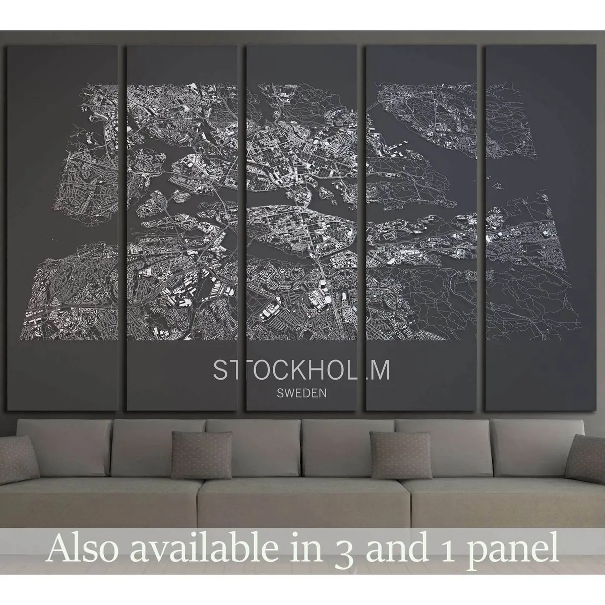 Stockholm Map, Satellite View, City Sweden, Black And White №1822 Ready To Hang Canvas Print 5