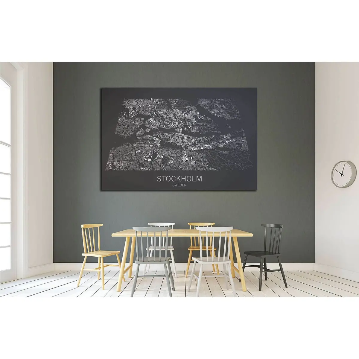 Stockholm Map, Satellite View, City Sweden, Black And White №1822 Ready To Hang Canvas Print 3