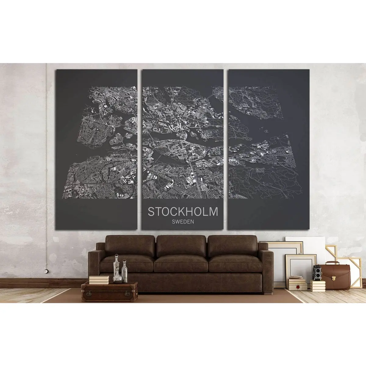 Stockholm Map, Satellite View, City Sweden, Black And White №1822 Ready To Hang Canvas Print 2