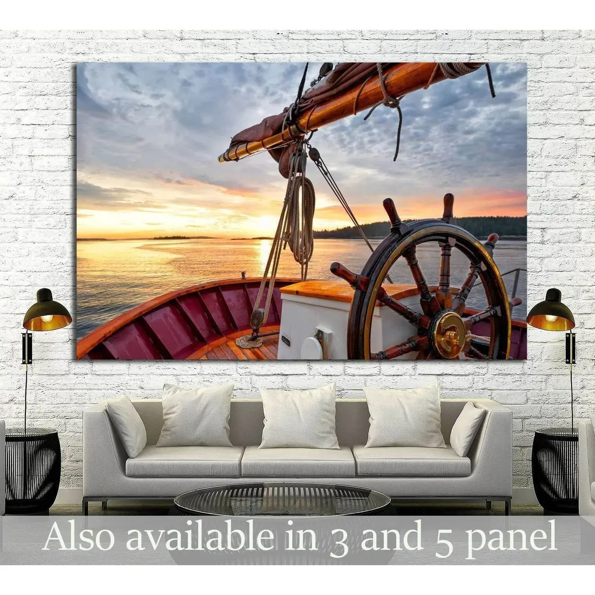 Sunrise At Sea On A Tall Ship, Close Up Of The Wheel №1408 Ready To Hang Canvas Print 1