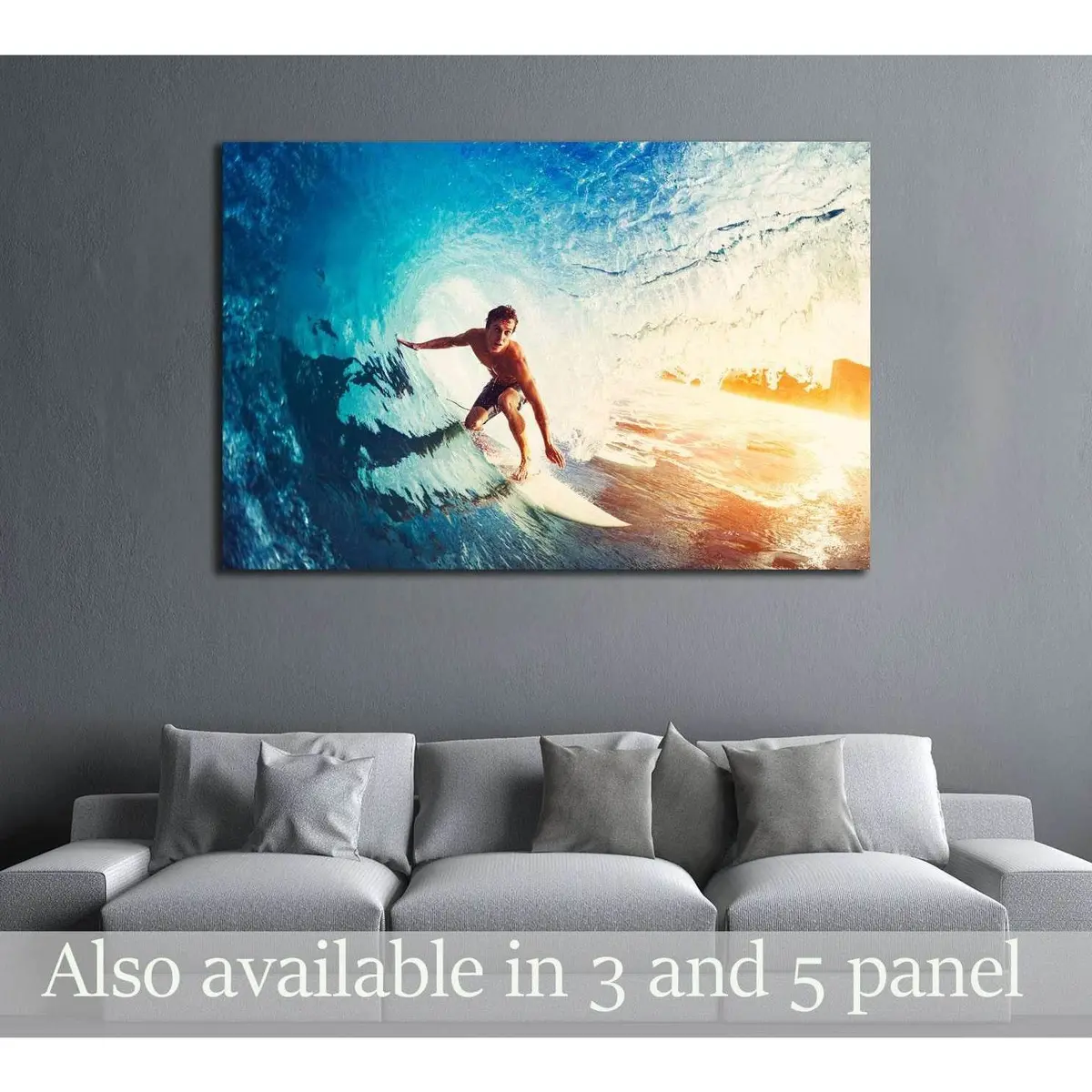 Surfer On Blue Ocean Wave Getting Barreled At Sunrise №3246 Ready To Hang Canvas Print 1