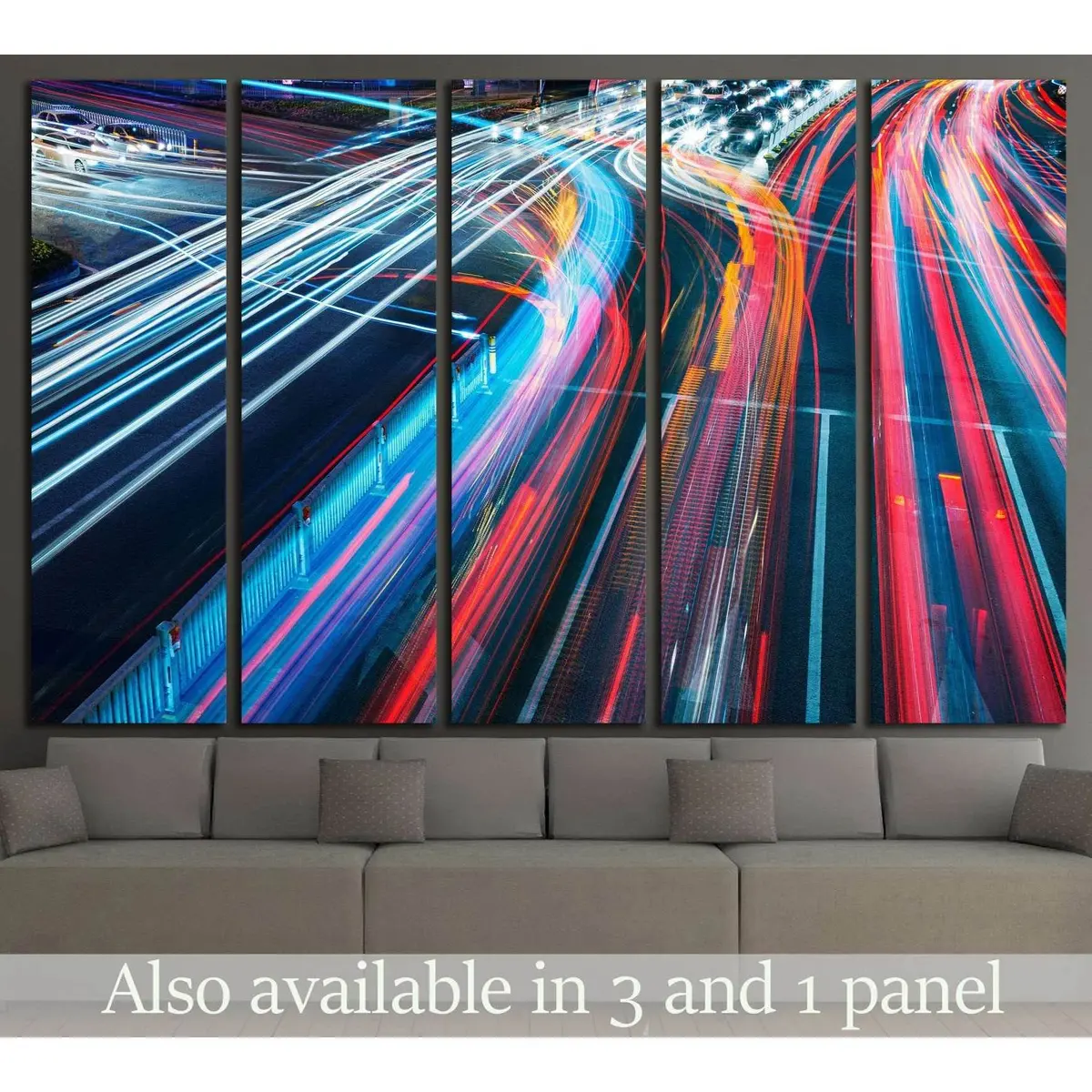 Urban Night Traffic Light Trails Canvas Wall Art Print #2215