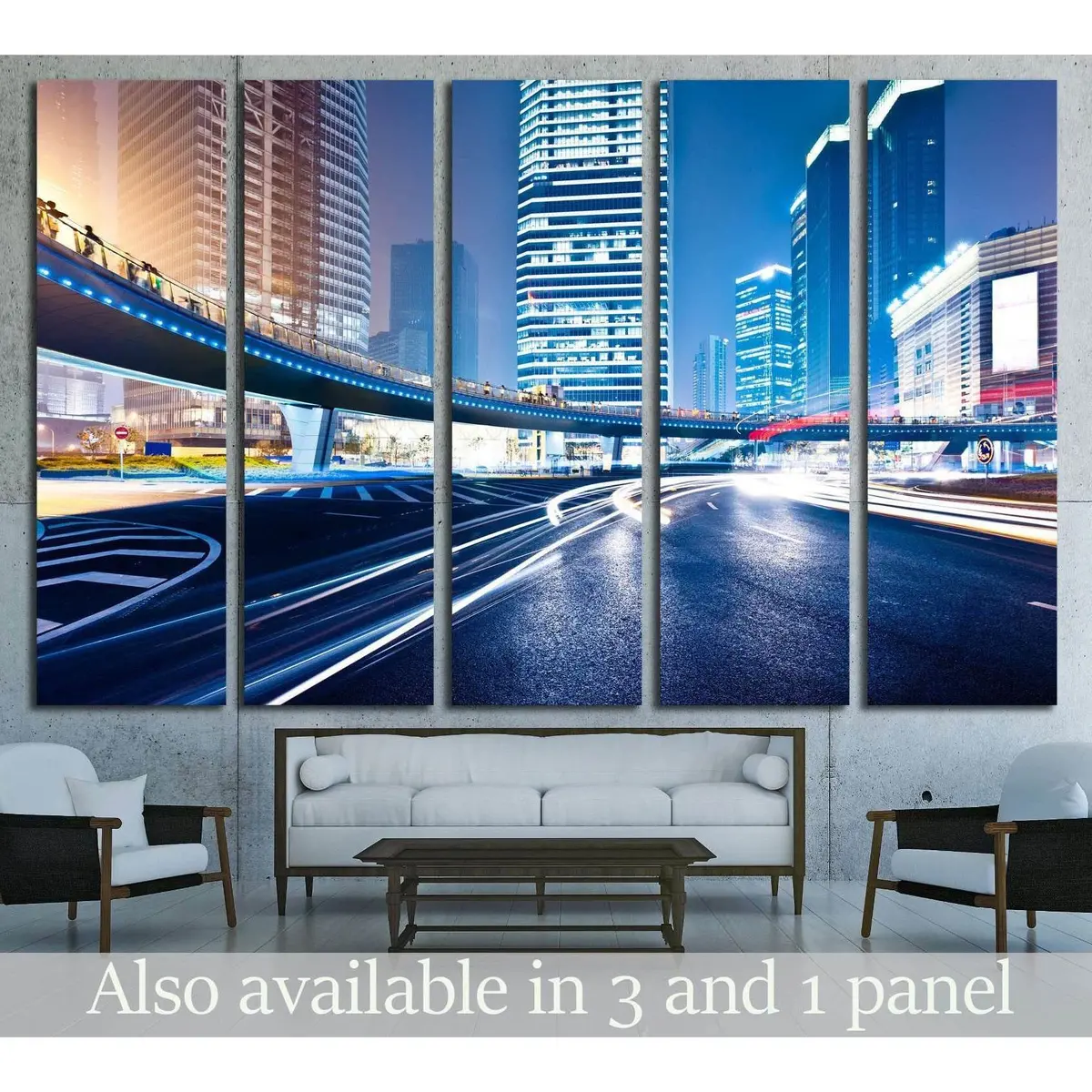 Shanghai Urban Canvas Art: Light Trails Over Contemporary Skyscrapers – Ready-to-Hang Wall Decor #2139