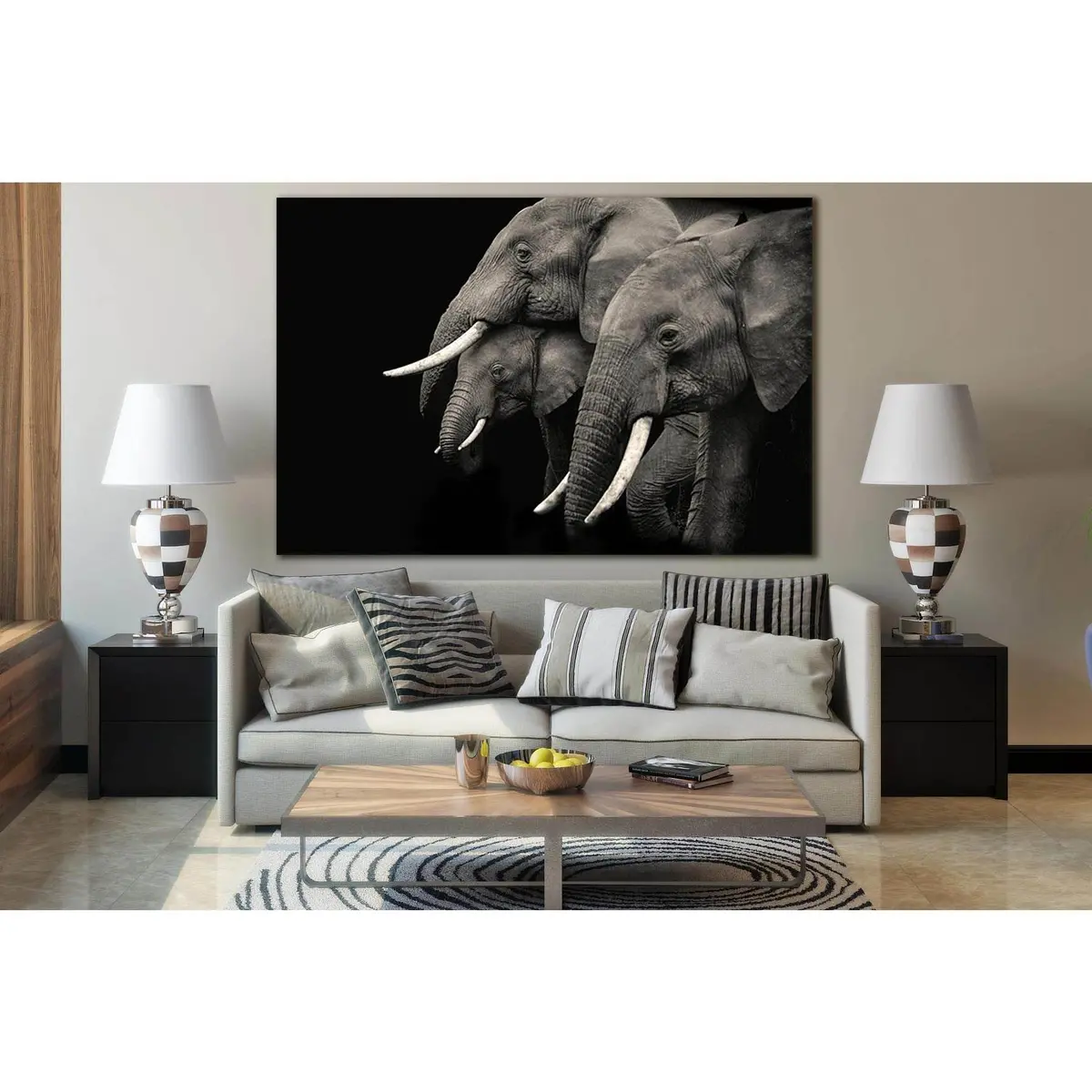 Three Elephants On Black Background №Sl874 Ready To Hang Canvas Print 2