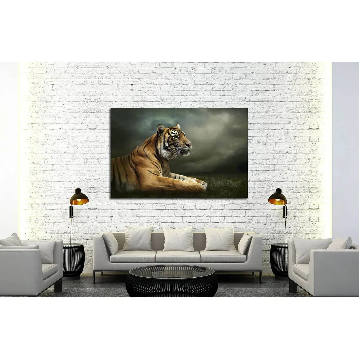 Tiger Looking And Sitting Under Dramatic Sky With Clouds №2347 Ready To Hang Canvas Print 3