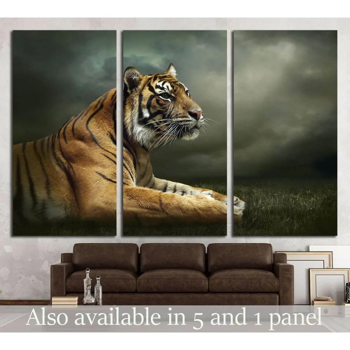 Tiger Looking And Sitting Under Dramatic Sky With Clouds №2347 Ready To Hang Canvas Print 5