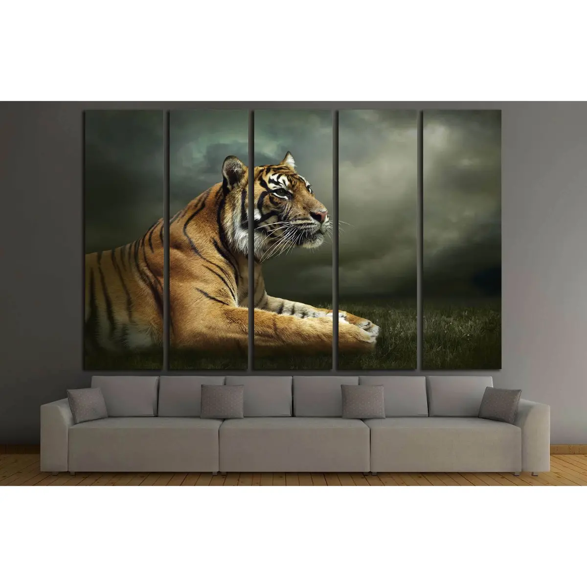 Majestic Tiger Sitting Beneath a Stormy Sky – Ready-to-Hang Canvas Wall Art #2347 - Image 3