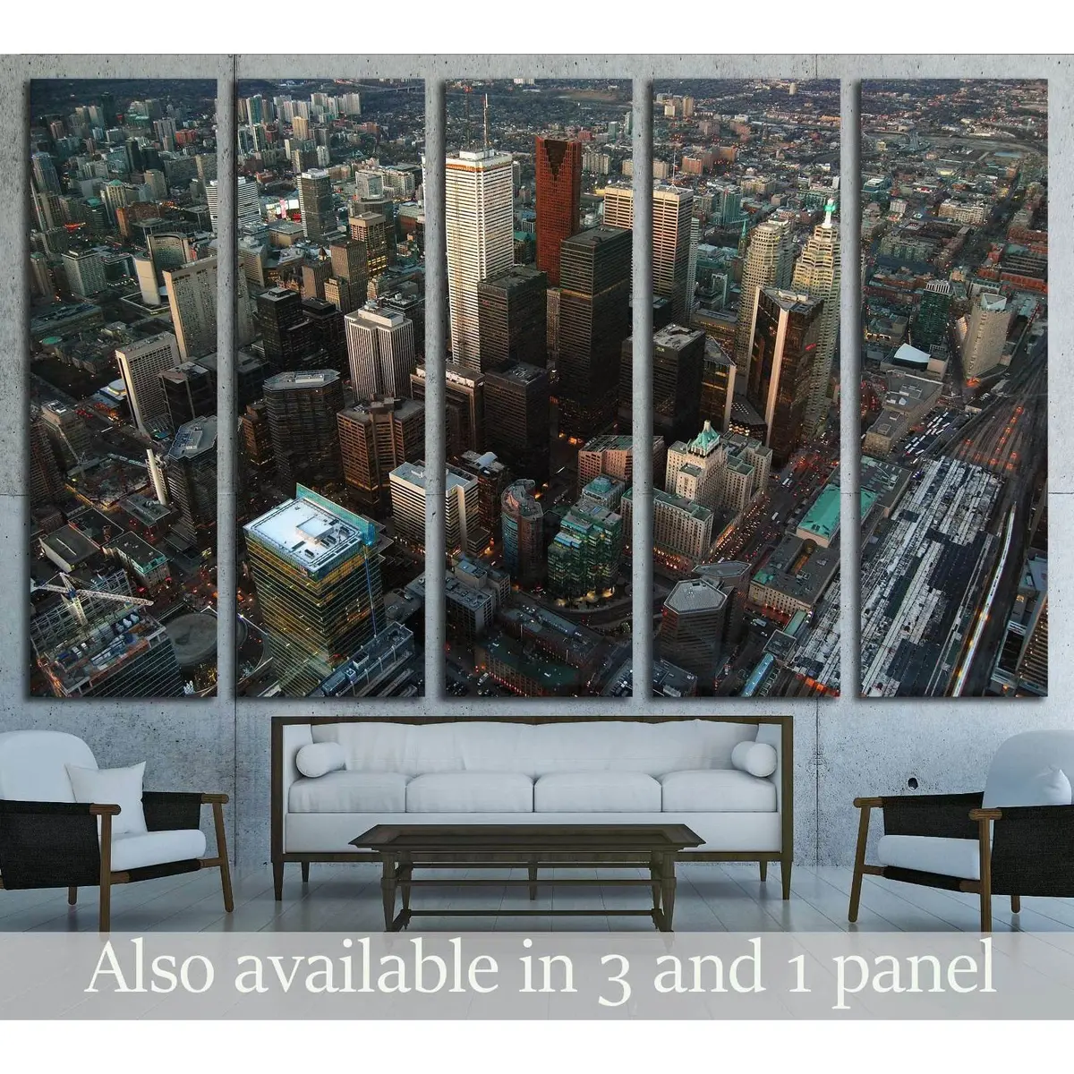 Stunning Toronto skyline canvas print featuring a panoramic view of downtown skyscrapers from the CN Tower — ready-to-hang wall art for modern interiors