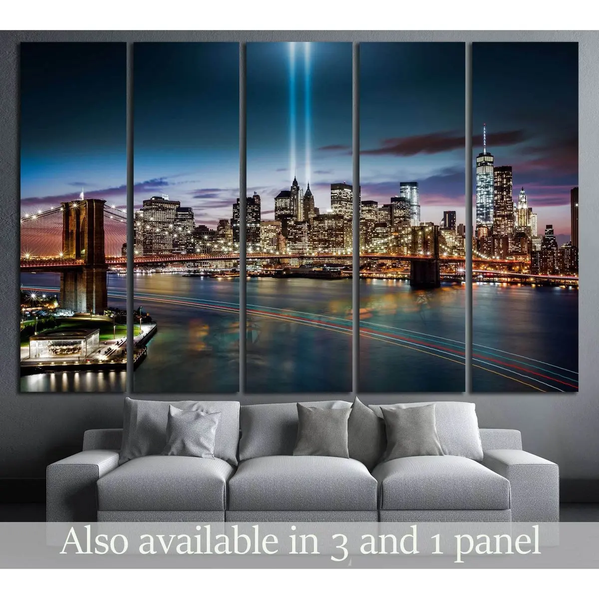 Tribute in Light Memorial Canvas Art – Brooklyn Bridge and Lower Manhattan Skyline at Dusk, Ready-to-Hang Wall Decor