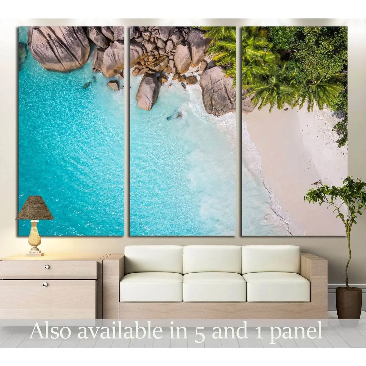 Tropical Beach With Sea And Palm Taken From Drone. Seychelles Famous Shark Beach №3113 Ready To Hang Canvas Print 5