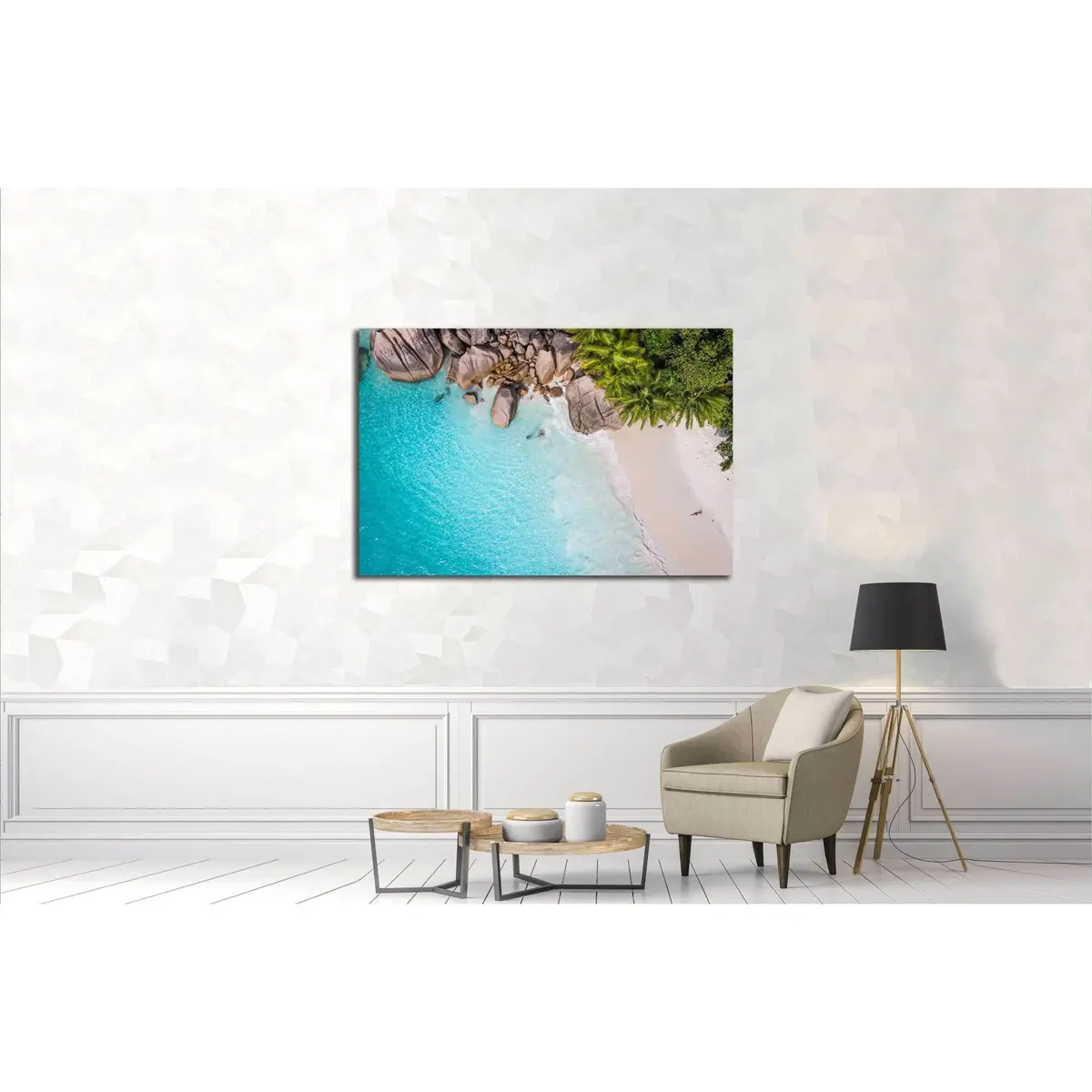 Tropical Beach With Sea And Palm Taken From Drone. Seychelles Famous Shark Beach №3113 Ready To Hang Canvas Print 3