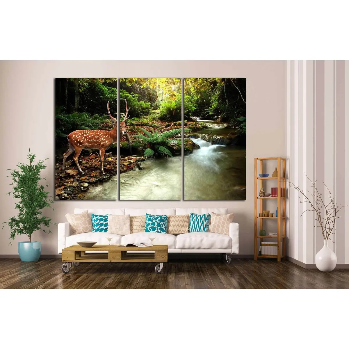 Tropical Stream And Sika Deer №1113 Ready To Hang Canvas Print 3