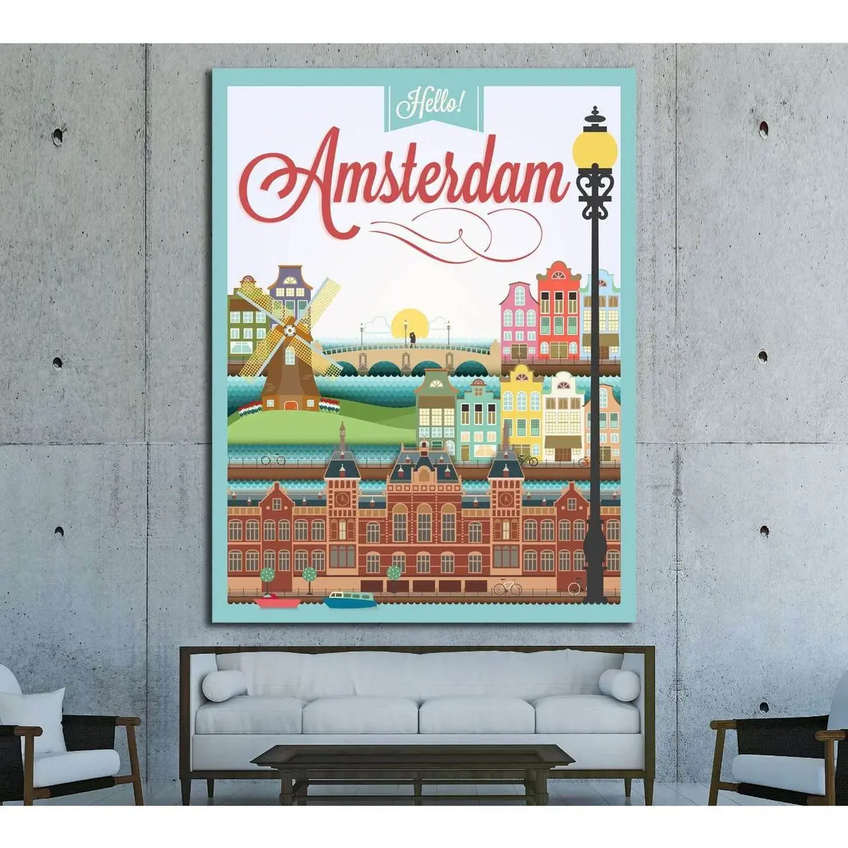 Typographical Retro Style Canvas With Amsterdam Symbols And Landmarks №4565 Ready To Hang Canvas Print 1