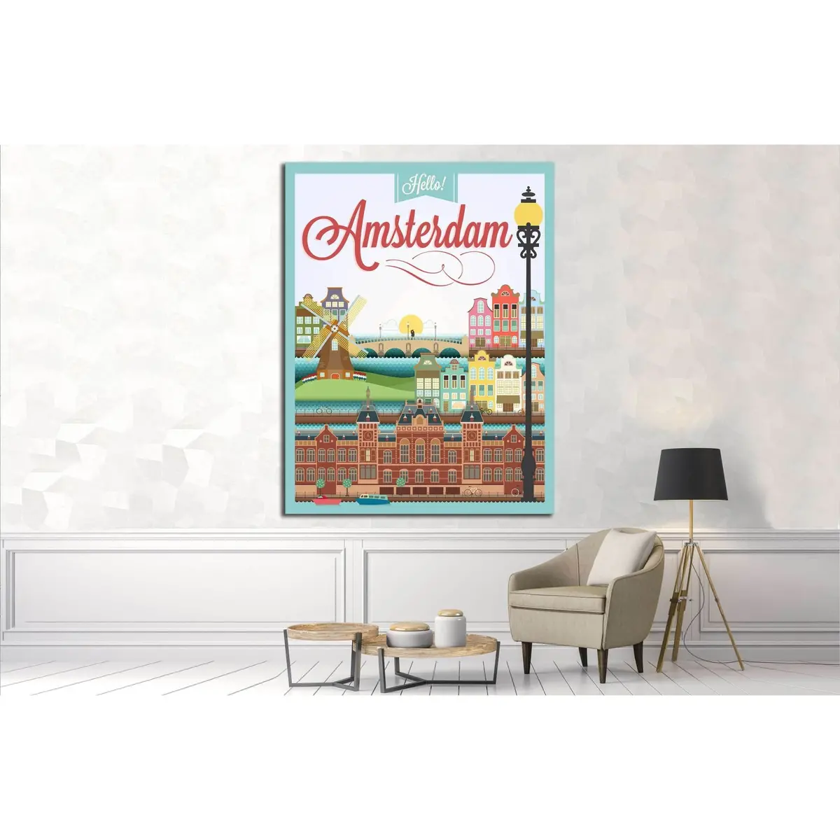 Typographical Retro Style Canvas With Amsterdam Symbols And Landmarks №4565 Ready To Hang Canvas Print 2