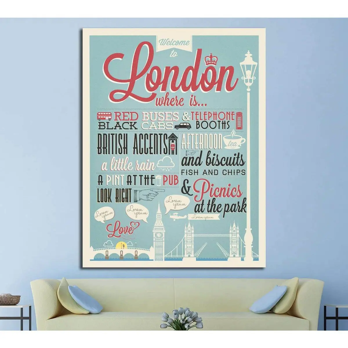 Typographical Retro Style Canvas With London Symbols And Landmarks №4568 Ready To Hang Canvas Print 1
