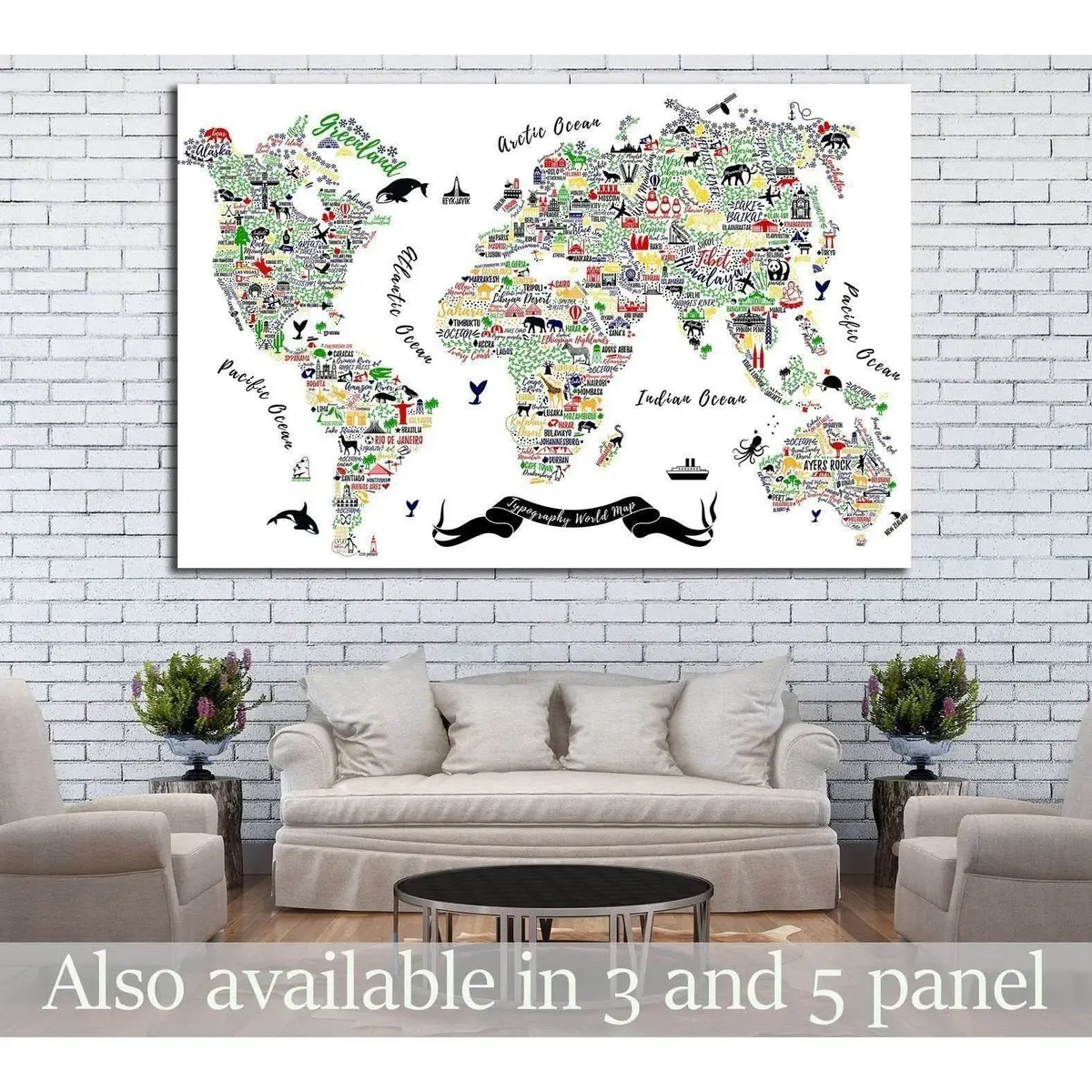 Typography World Map. Travel Poster With Cities And Sightseeing Attractions №1930 Ready To Hang Canvas Print 1