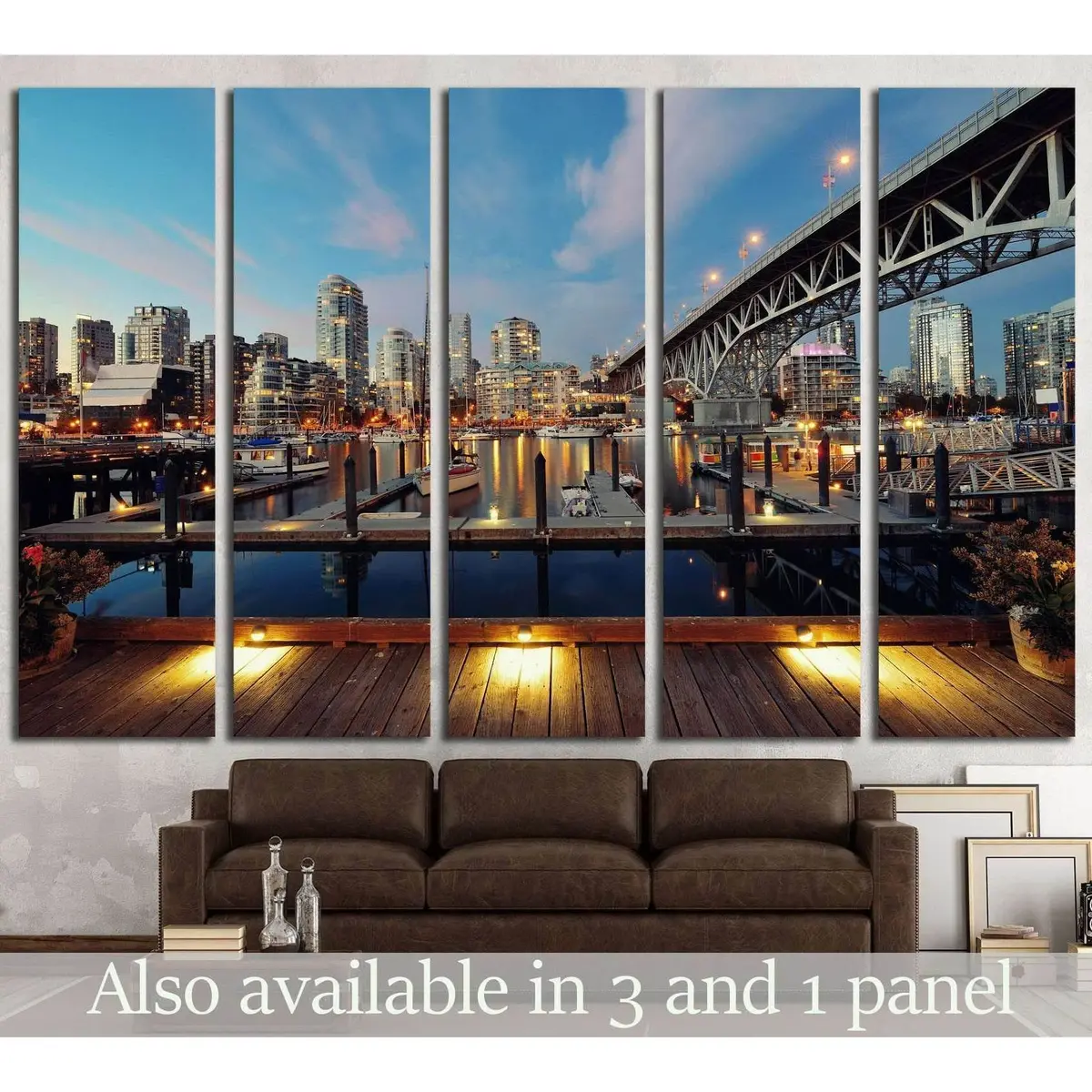 Vancouver False Creek Night Canvas Art Print Featuring Bridge and Boat – Ready to Hang