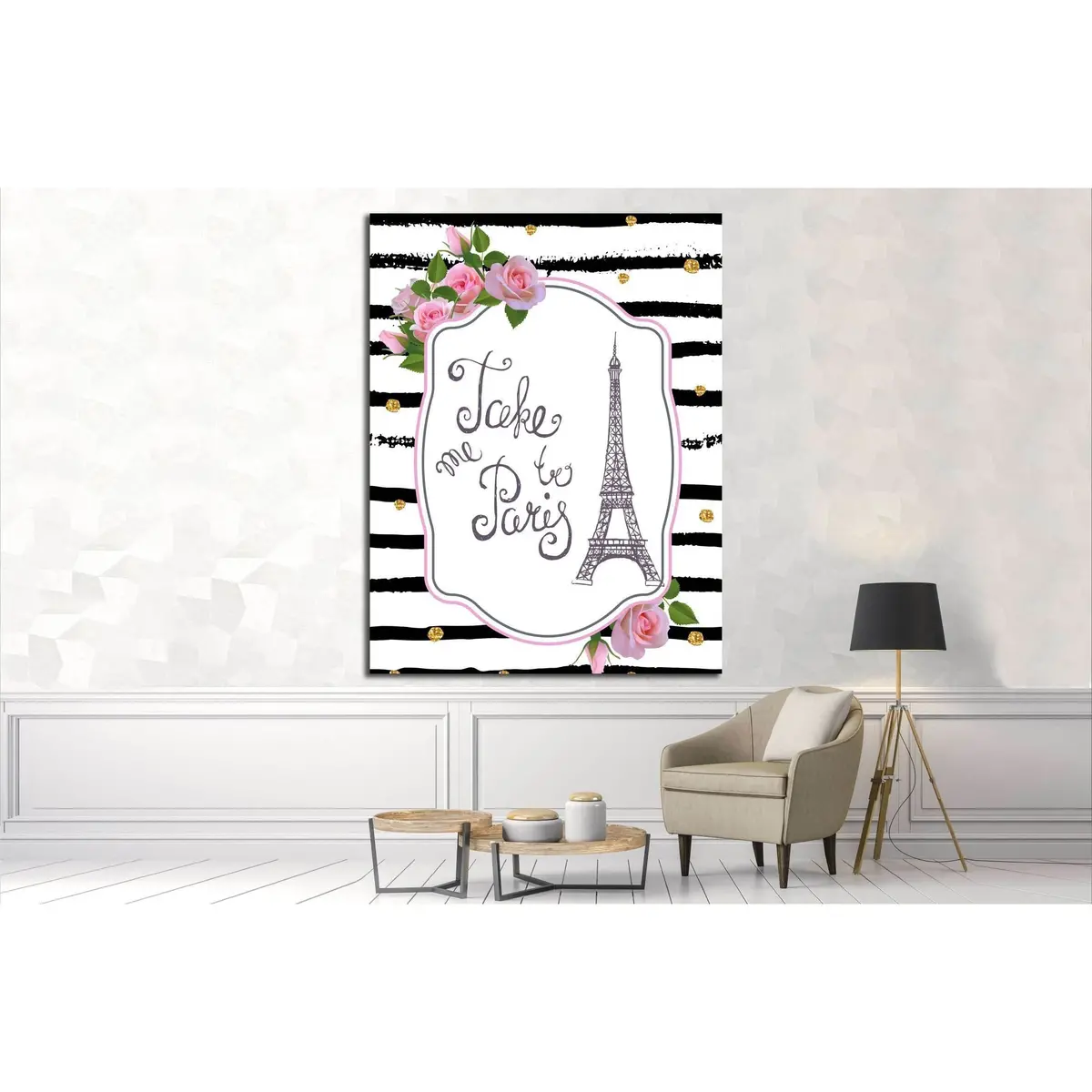 Vector Romantic Card Template With Pink Roses, Eiffel Tower №4599 Ready To Hang Canvas Print 3