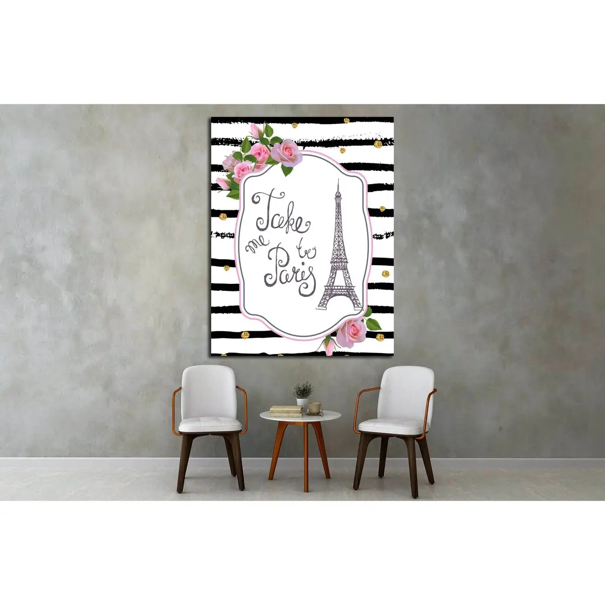 Vector Romantic Card Template With Pink Roses, Eiffel Tower №4599 Ready To Hang Canvas Print 2