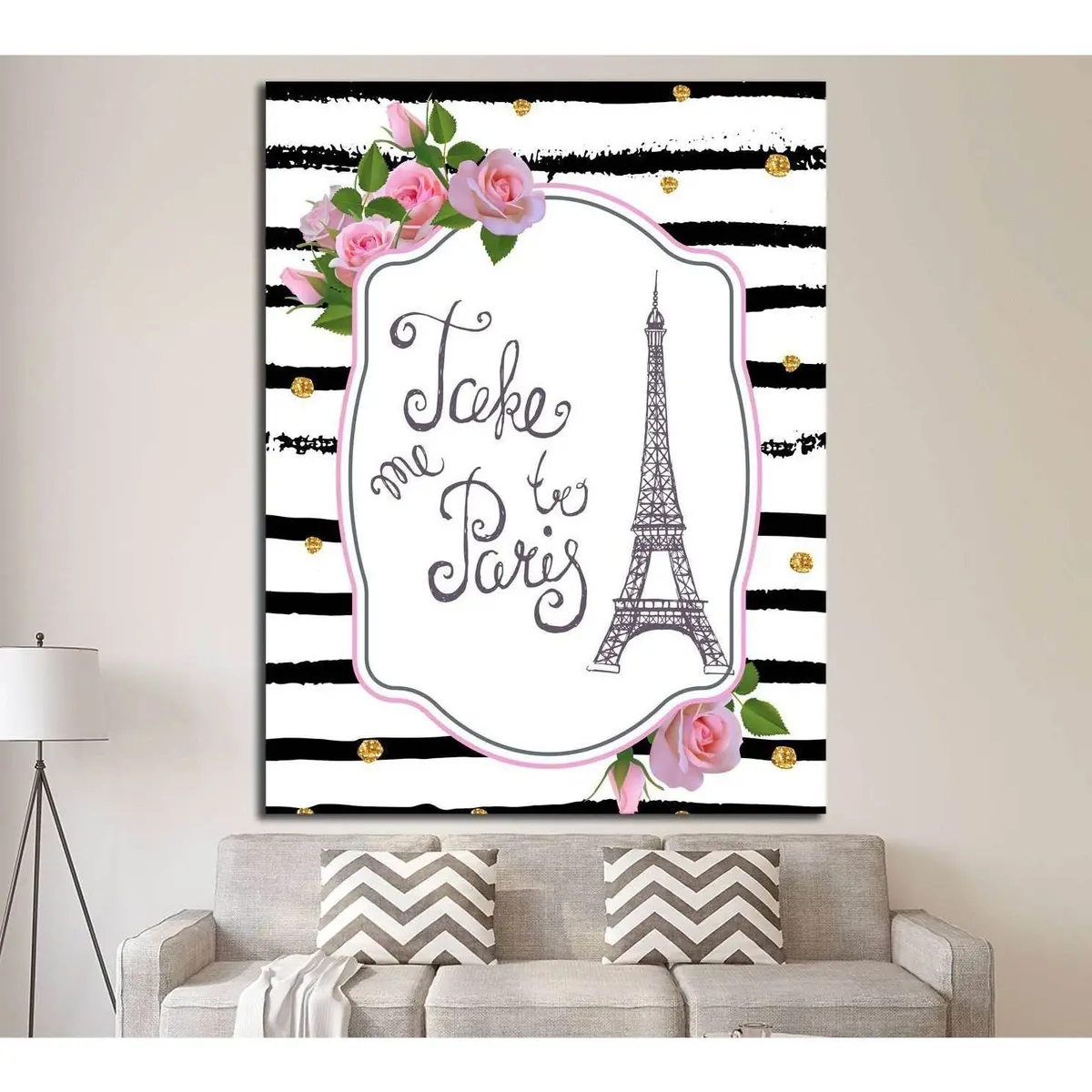 Vector Romantic Card Template With Pink Roses, Eiffel Tower №4599 Ready To Hang Canvas Print 1
