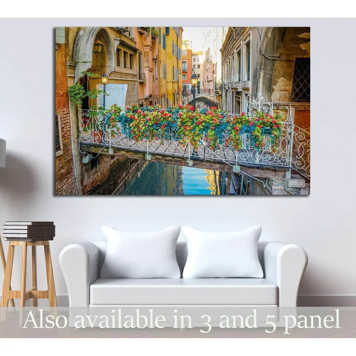 Venice, Italy, A Bridge With Bouquet Of Flowers №1543 Ready To Hang Canvas Print 1