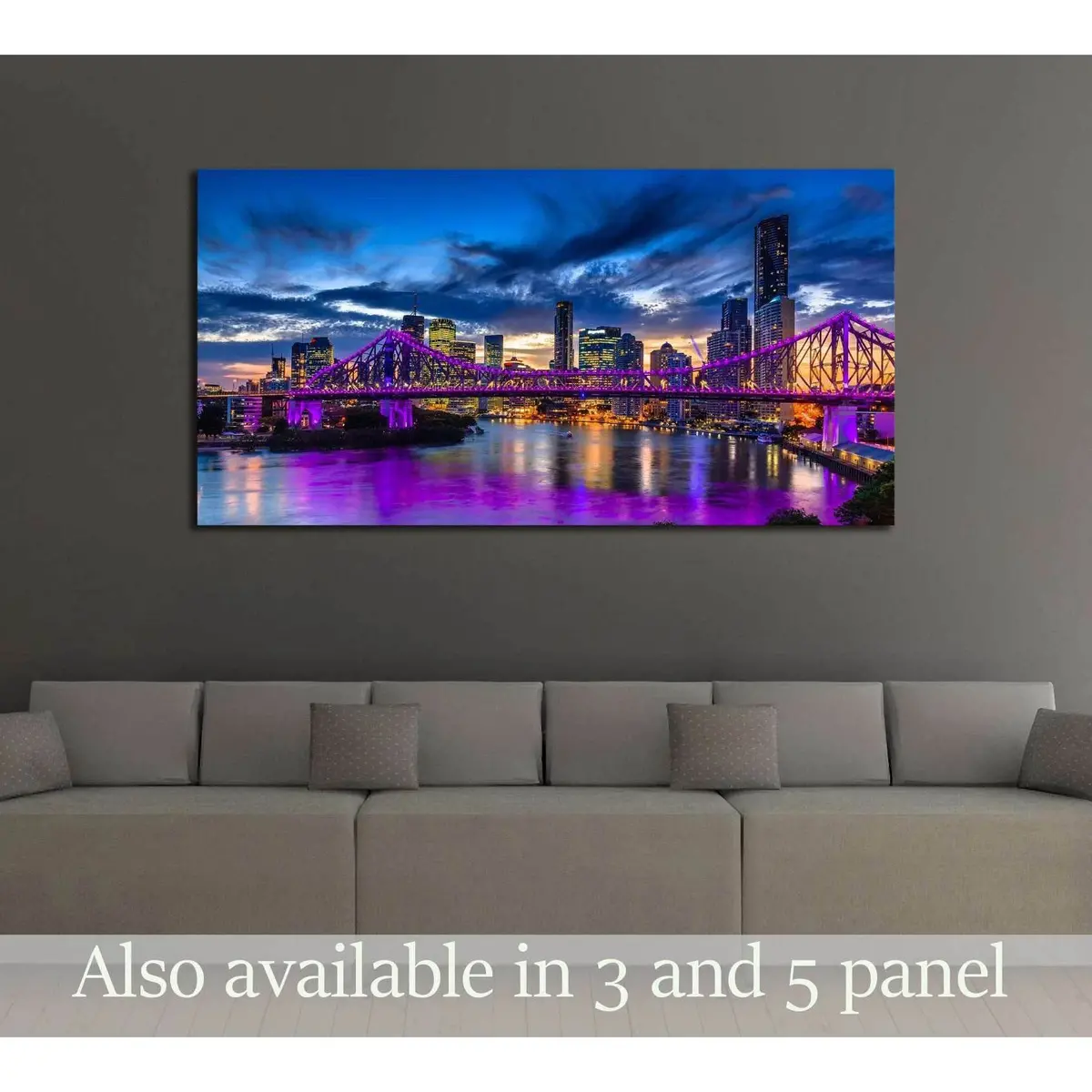 Vibrant Night Time Panorama Of Brisbane City With Purple Lights On Story Bridge, Australia №2391 Ready To Hang Canvas Print 1