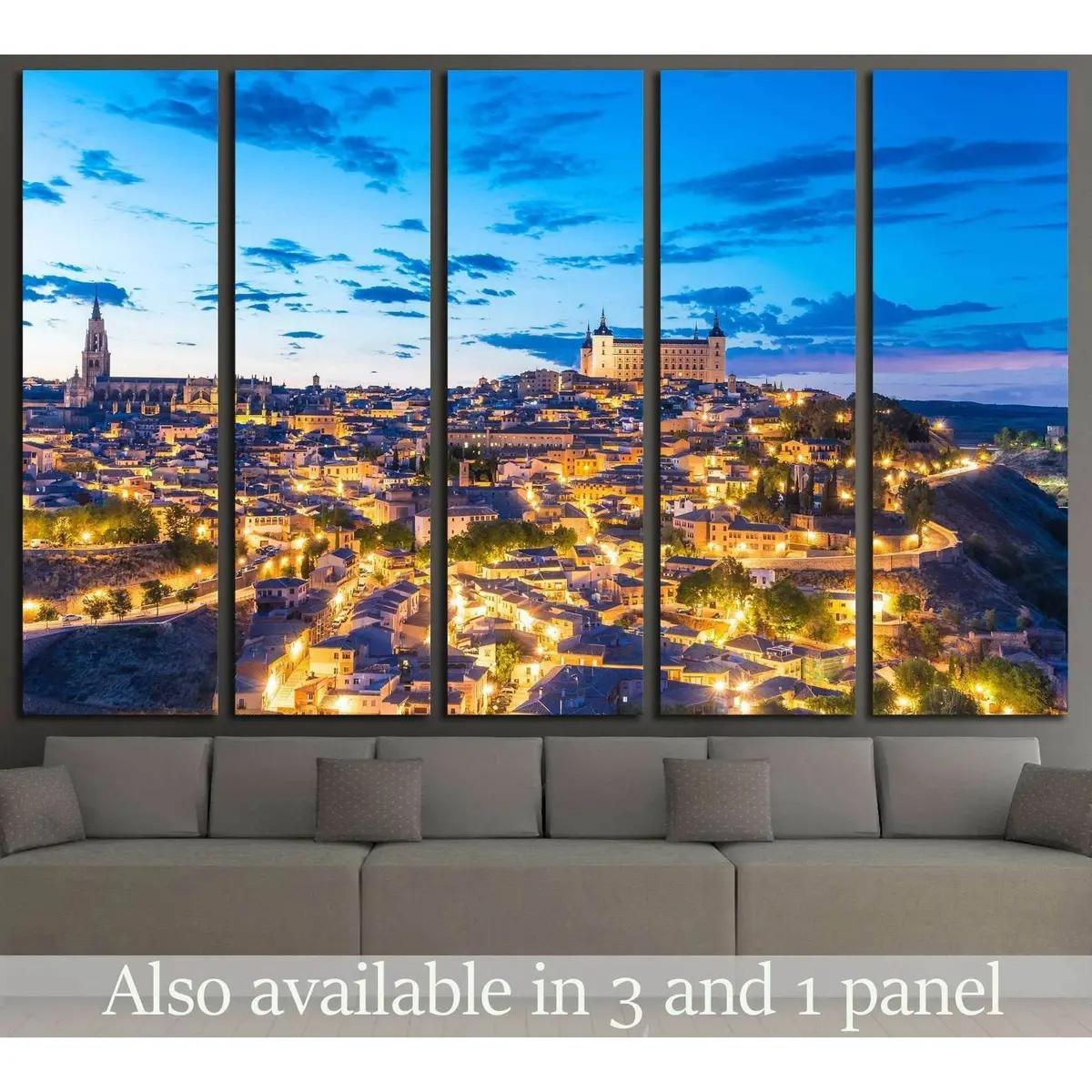Toledo, Spain at Dusk: Alcazar and Cathedral Canvas Wall Art – Ready-to-Hang Print