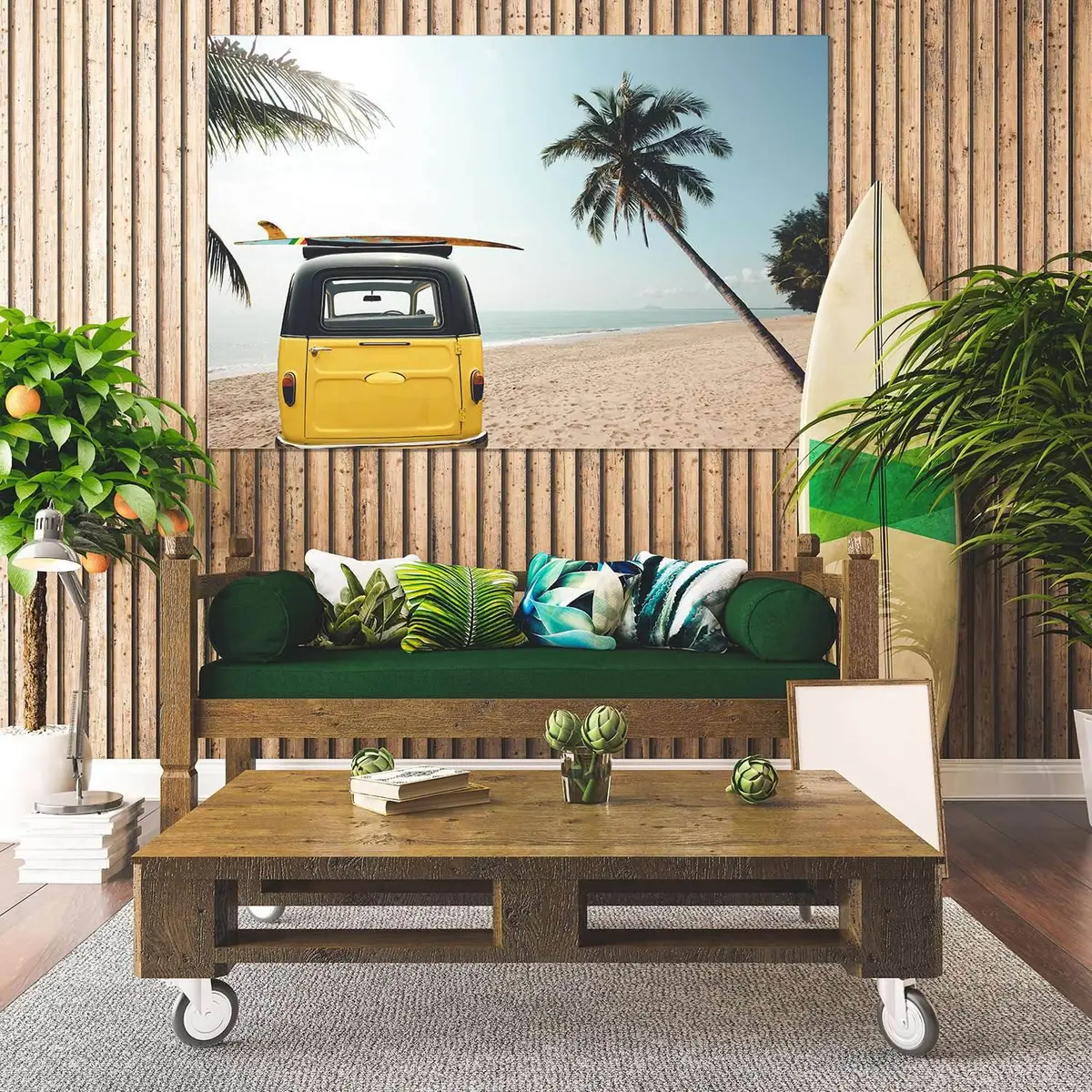 Vintage Car With A Surfboard On The Roof Canvas Print 1