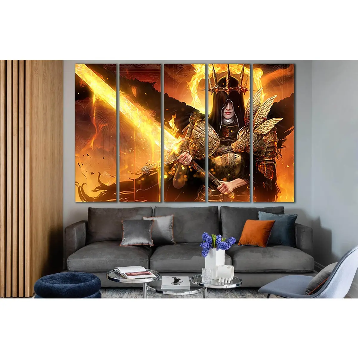 Fiery Female Warrior Canvas Art Featuring a Glowing Sword – Ready-to-Hang Wall Decor - Image 3
