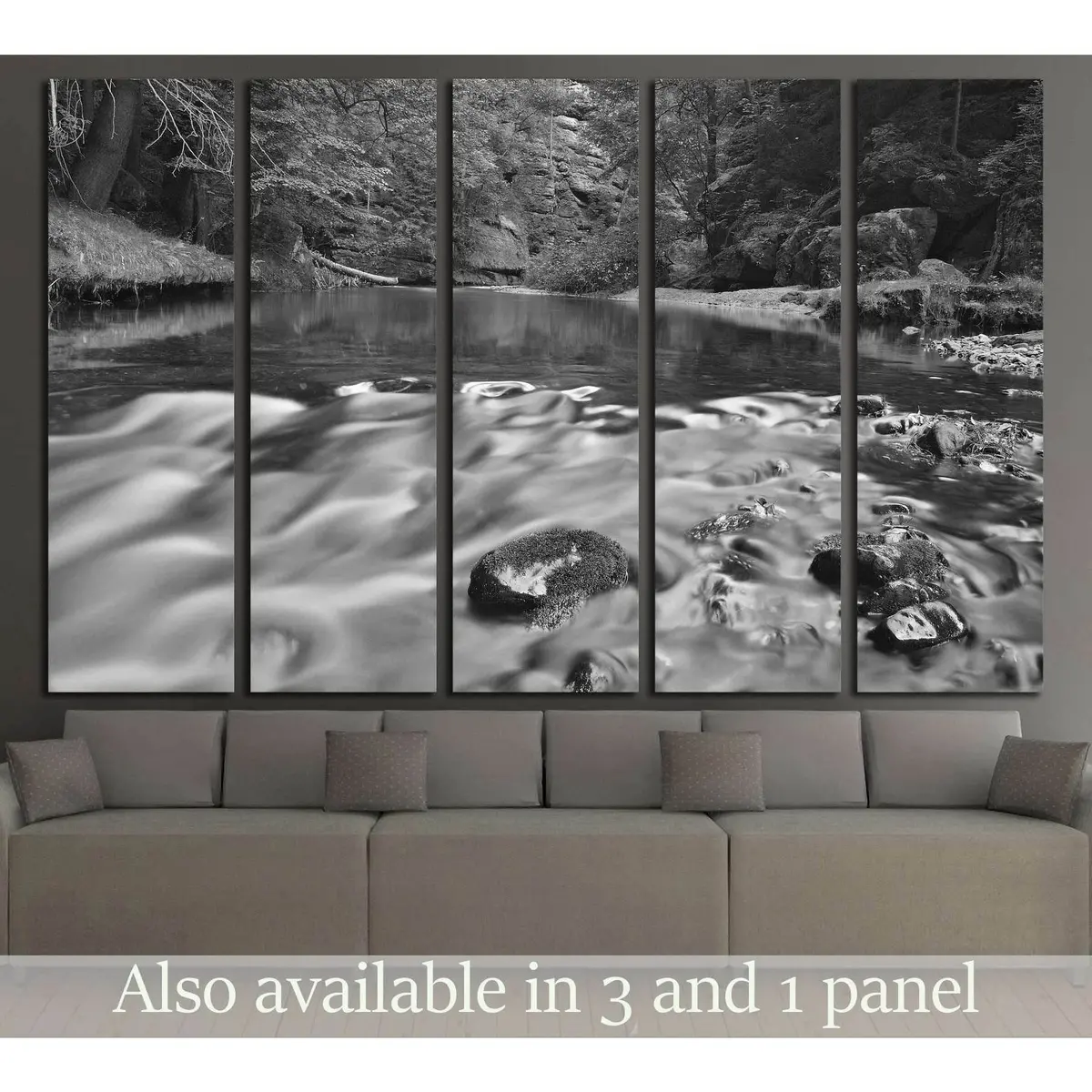 Mountain River Waves Under Forest Canopy — Leaf-Covered Water Canvas Wall Art #2857