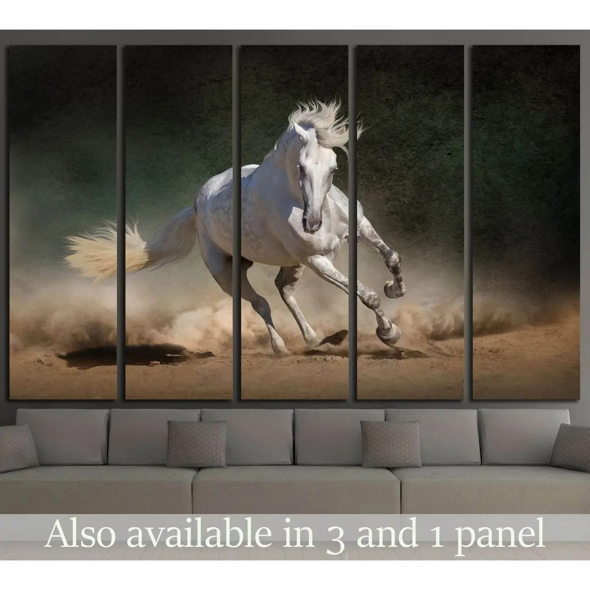 Elegant White Andalusian Horse Amid Desert Dust on Dark Canvas Wall Art №1855