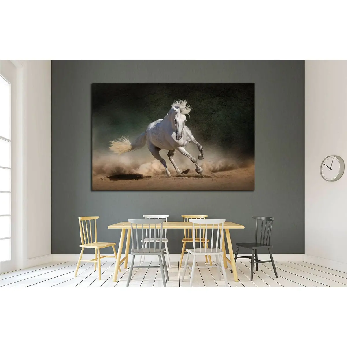 White Andalusian Horse In Desert Dust Against Dark Background №1855 Ready To Hang Canvas Print 3