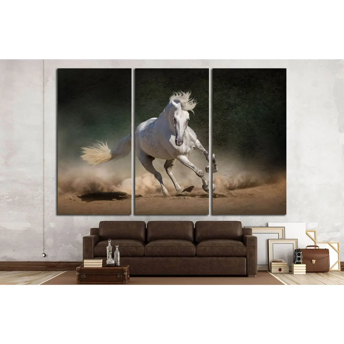 White Andalusian Horse In Desert Dust Against Dark Background №1855 Ready To Hang Canvas Print 5