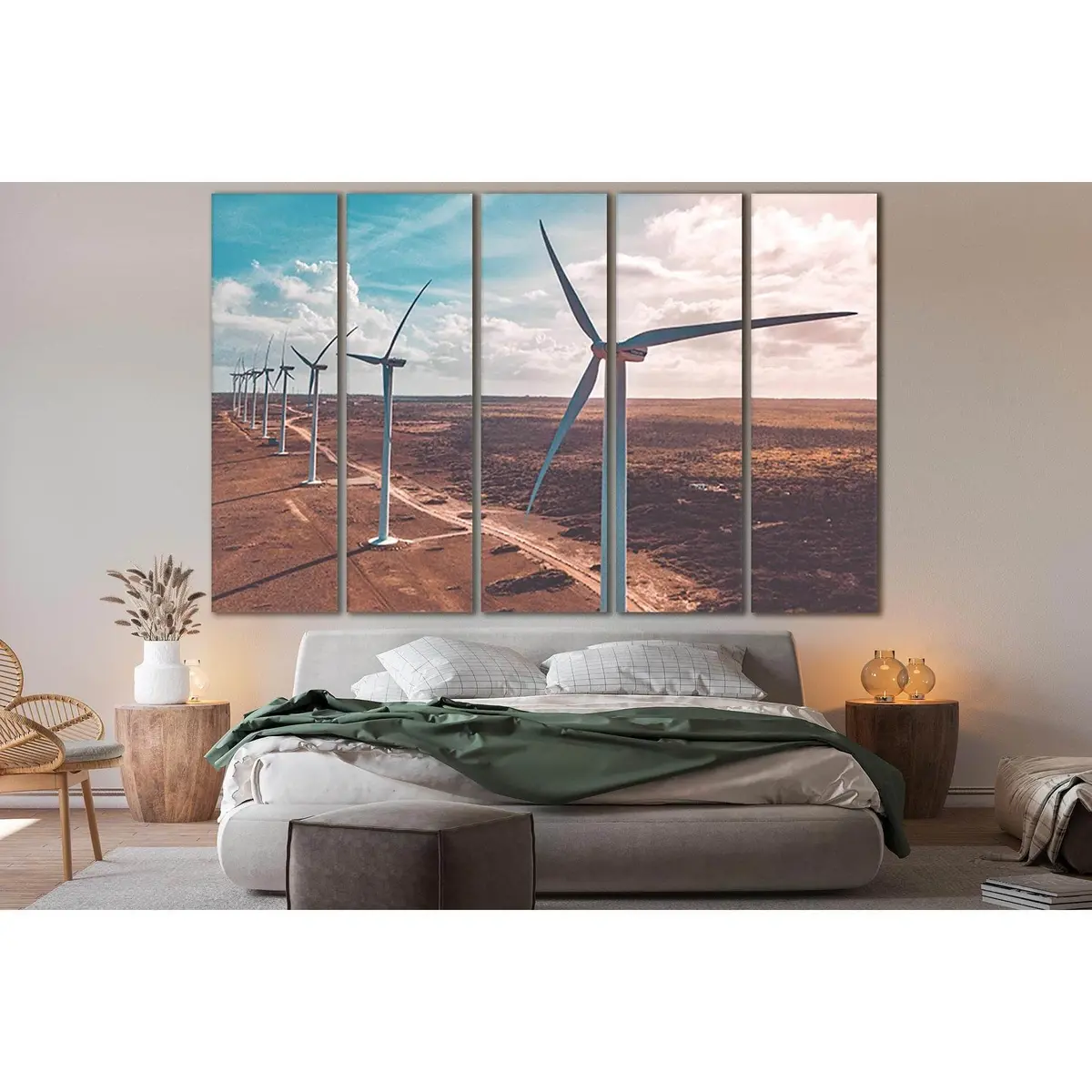 Modern Wind Turbine Wall Art on Earthy Brown Sand – Ready-to-Hang Canvas Print SL775