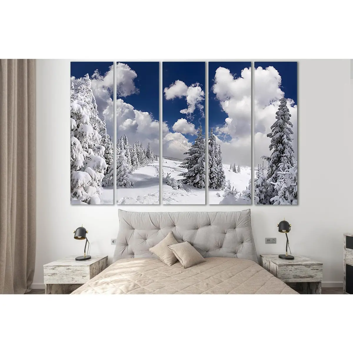 Snowy Spruce Landscape Canvas Wall Art – Ready-to-Hang Pine Forest with Cloudy Sky (SL1069)