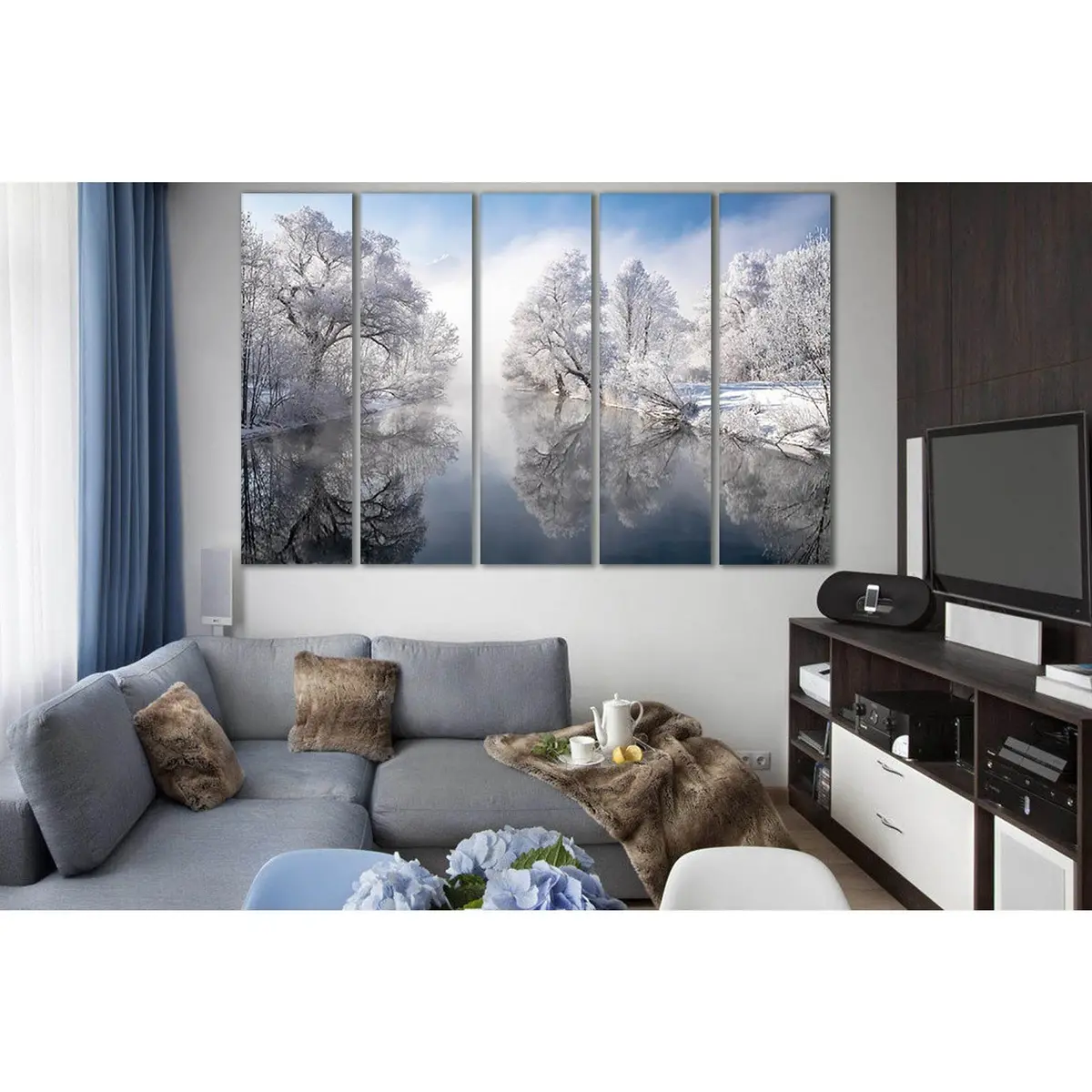 Bare Winter Trees Along a Serene River Canvas Wall Art №SL1078